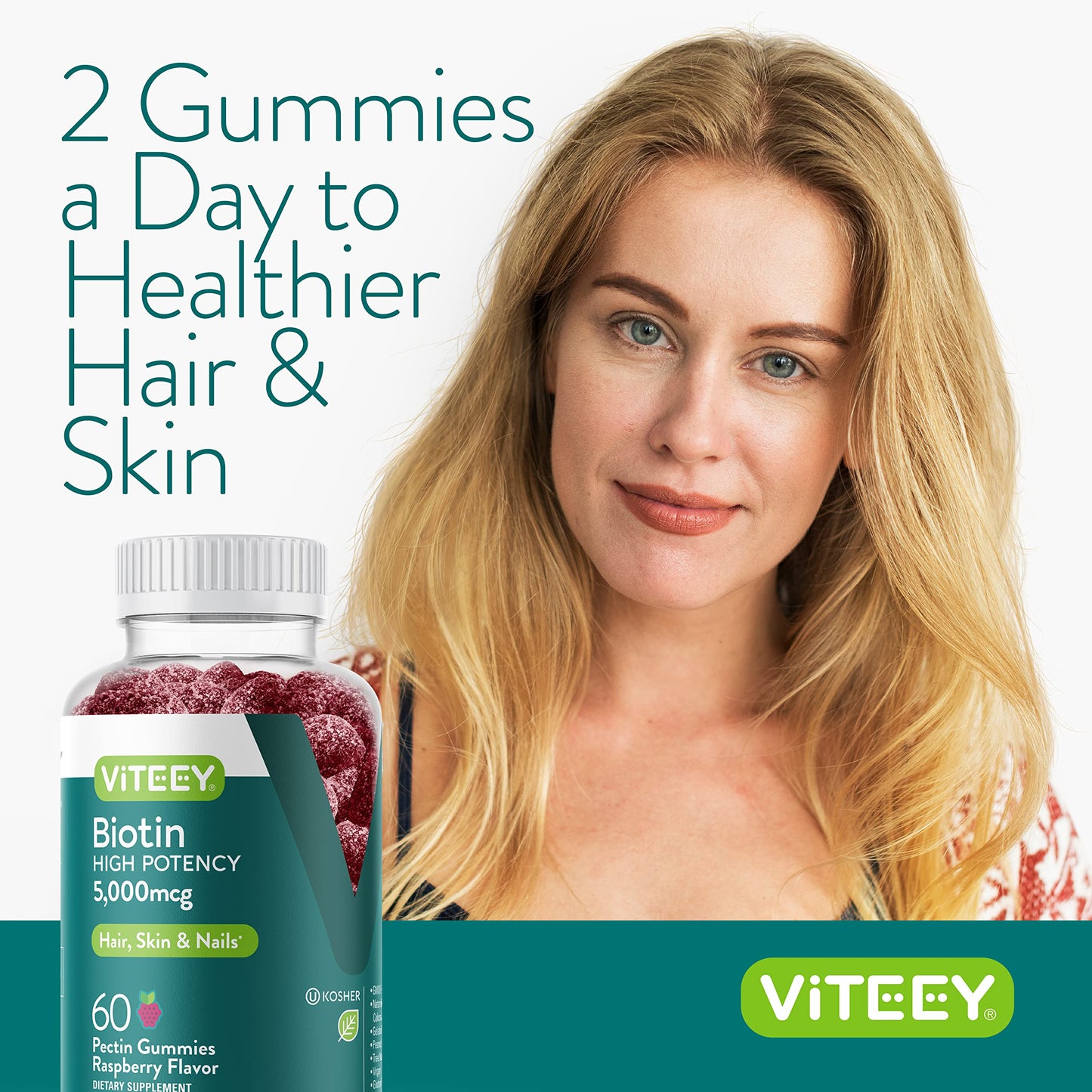 Envase gomitas Viteey biotina para piel sana y uñas fuertes