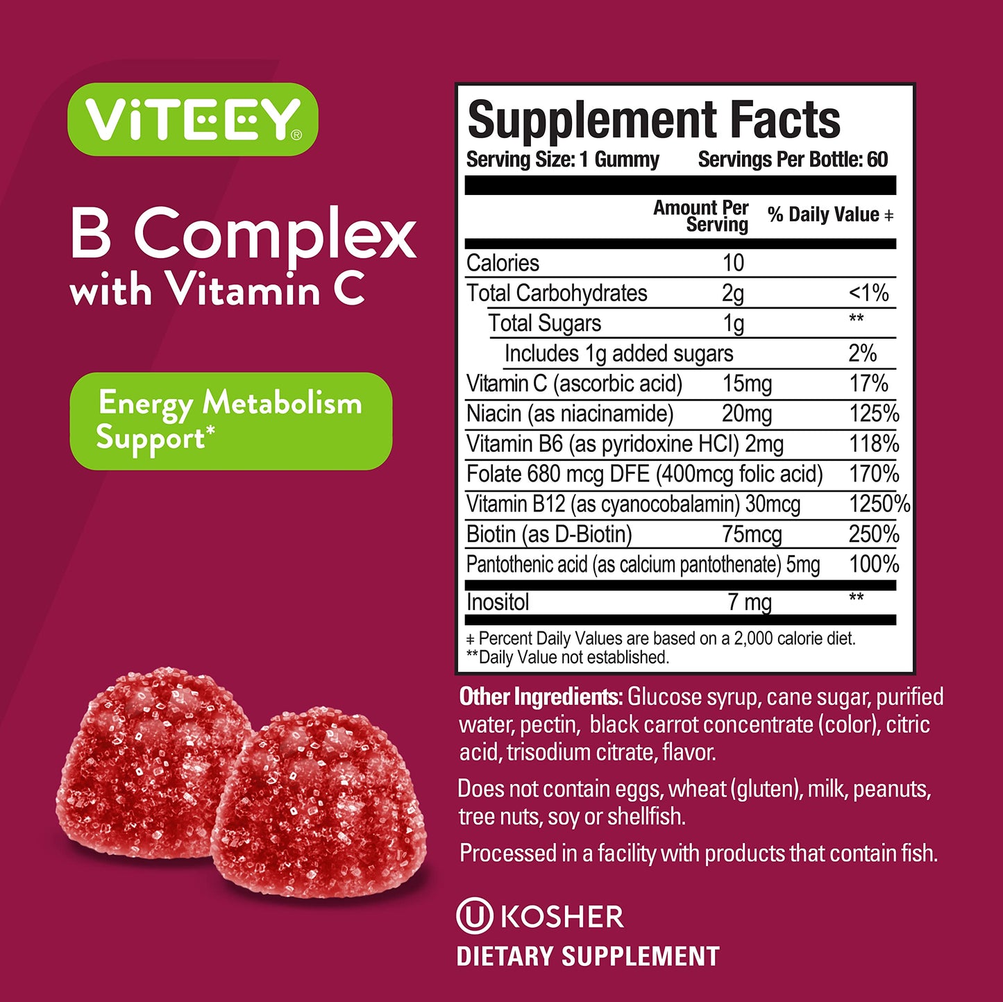 Envase gomitas Viteey complejo B masticables sabor fresa