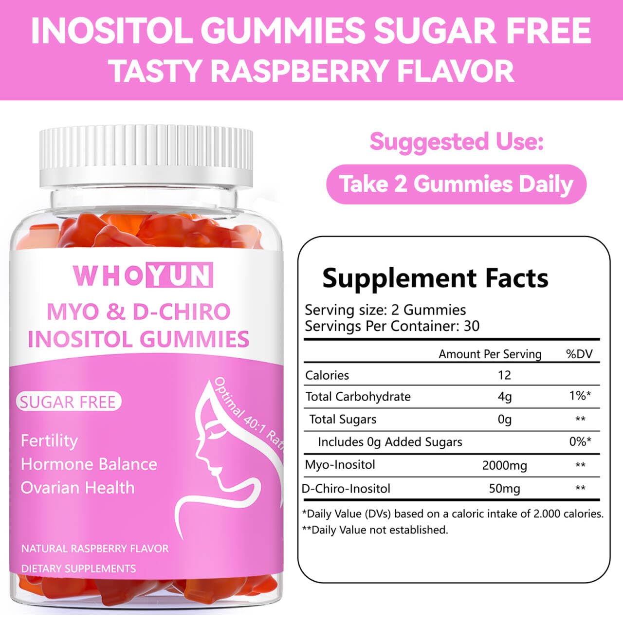 Envase de gomitas Whoyun inositol sin azúcar sabor frambuesa