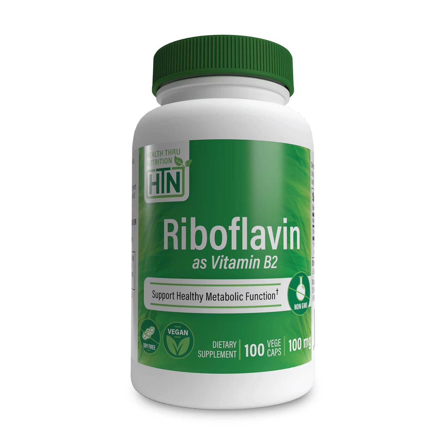 Envase de Health Thru Nutrition riboflavina 100mg 100 cápsulas vegetales