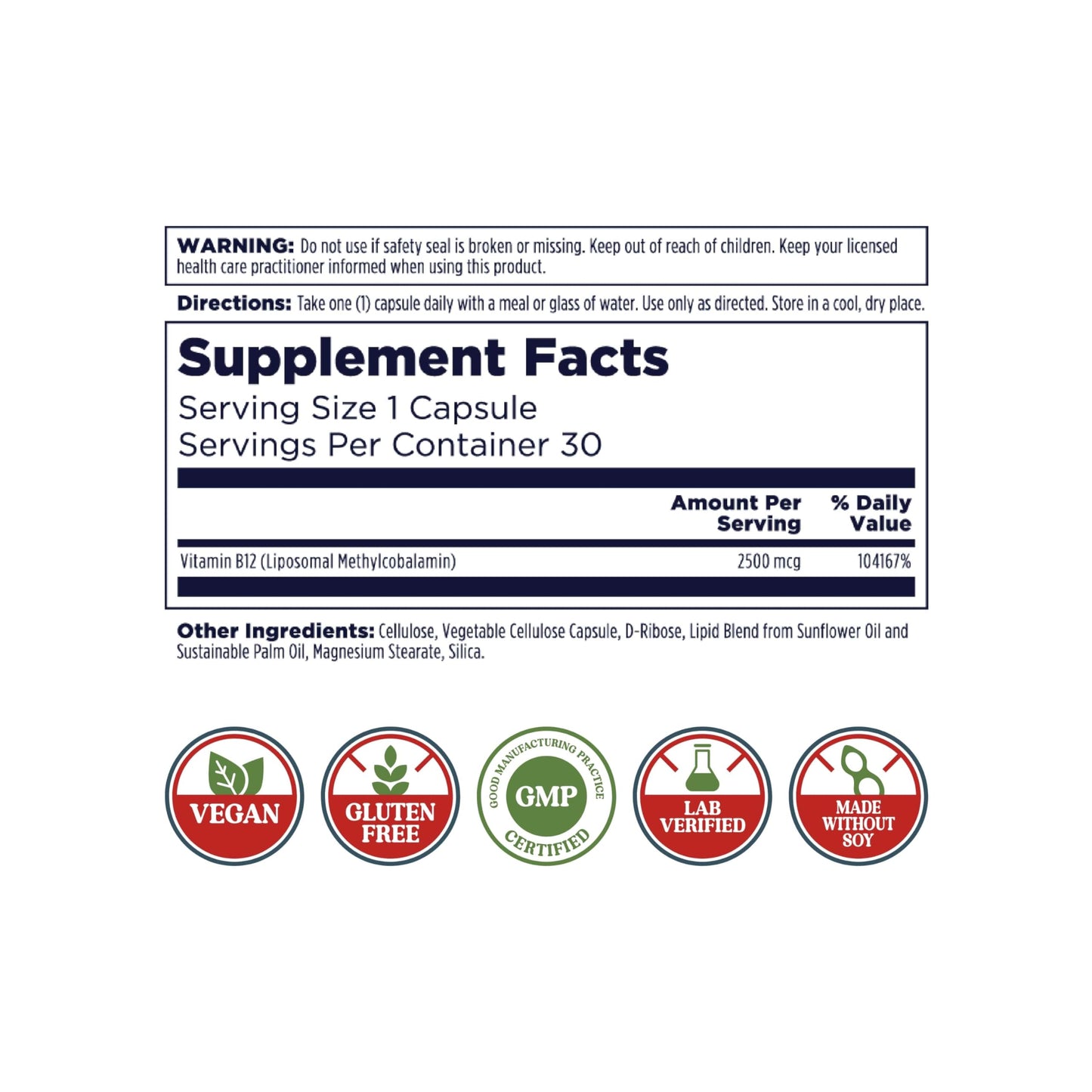 Envase KAL vitamina b12 2500 mcg sin gluten sin soya