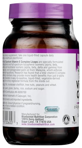 Envase lateral BlueBonnet vitamina E espectro completo 30 cápsulas