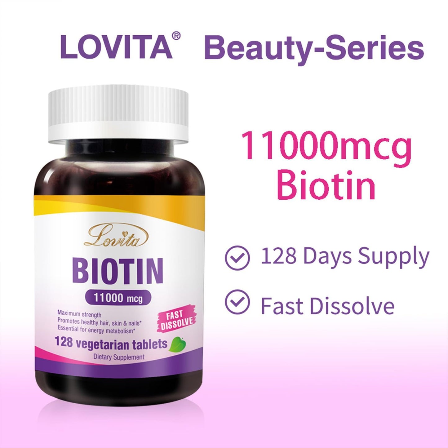 Envase Lovita biotina vegan fácil absorción 128 tabletas