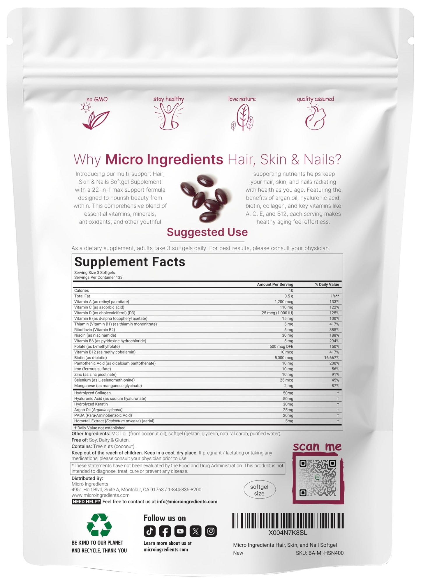 Vista lateral envase Micro Ingredients suplemento belleza natural