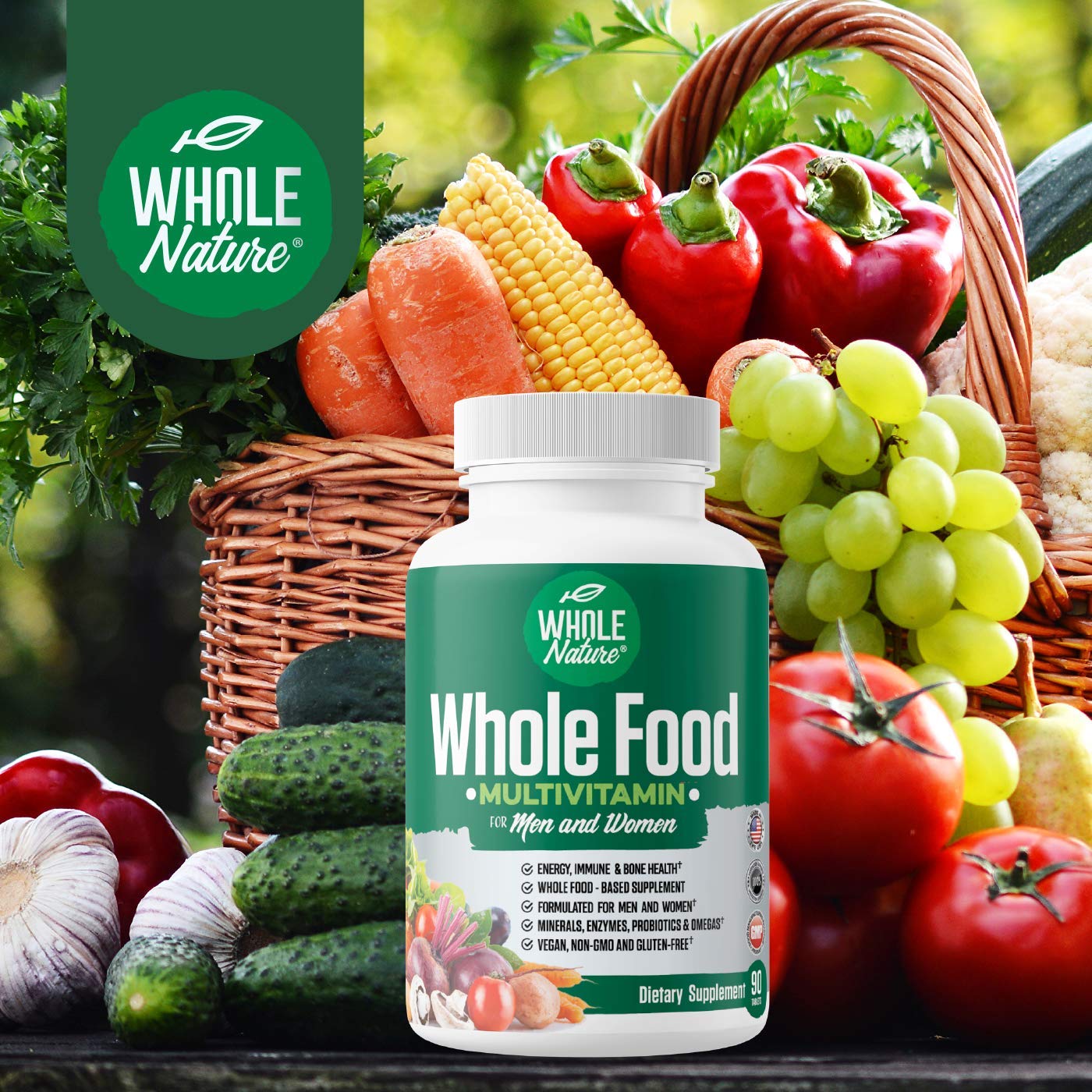 Envase de multivitaminas con diseño verde y lista de componentes.