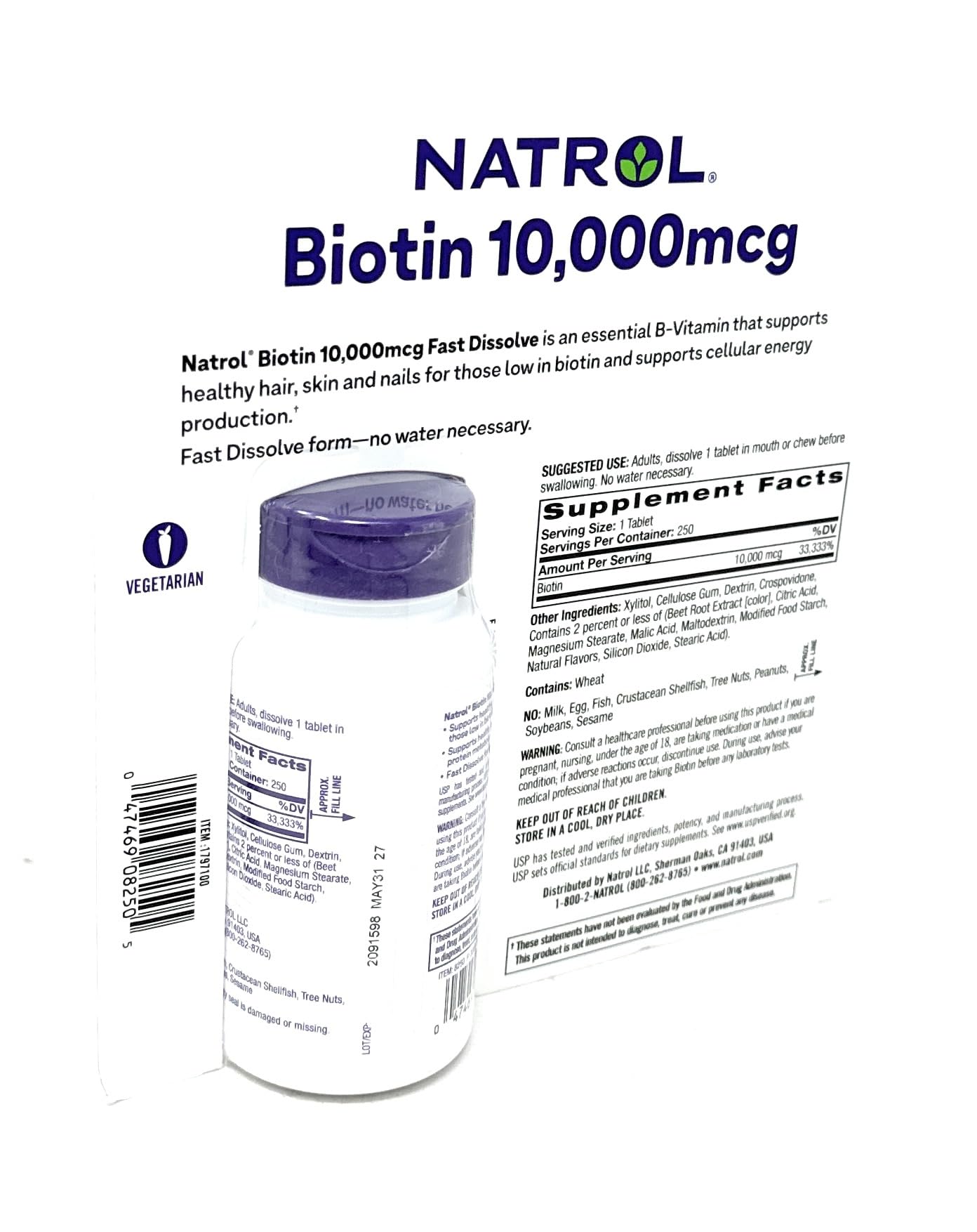 Envase Natrol Biotina 10000 mcg tableta rápida sabor fresa