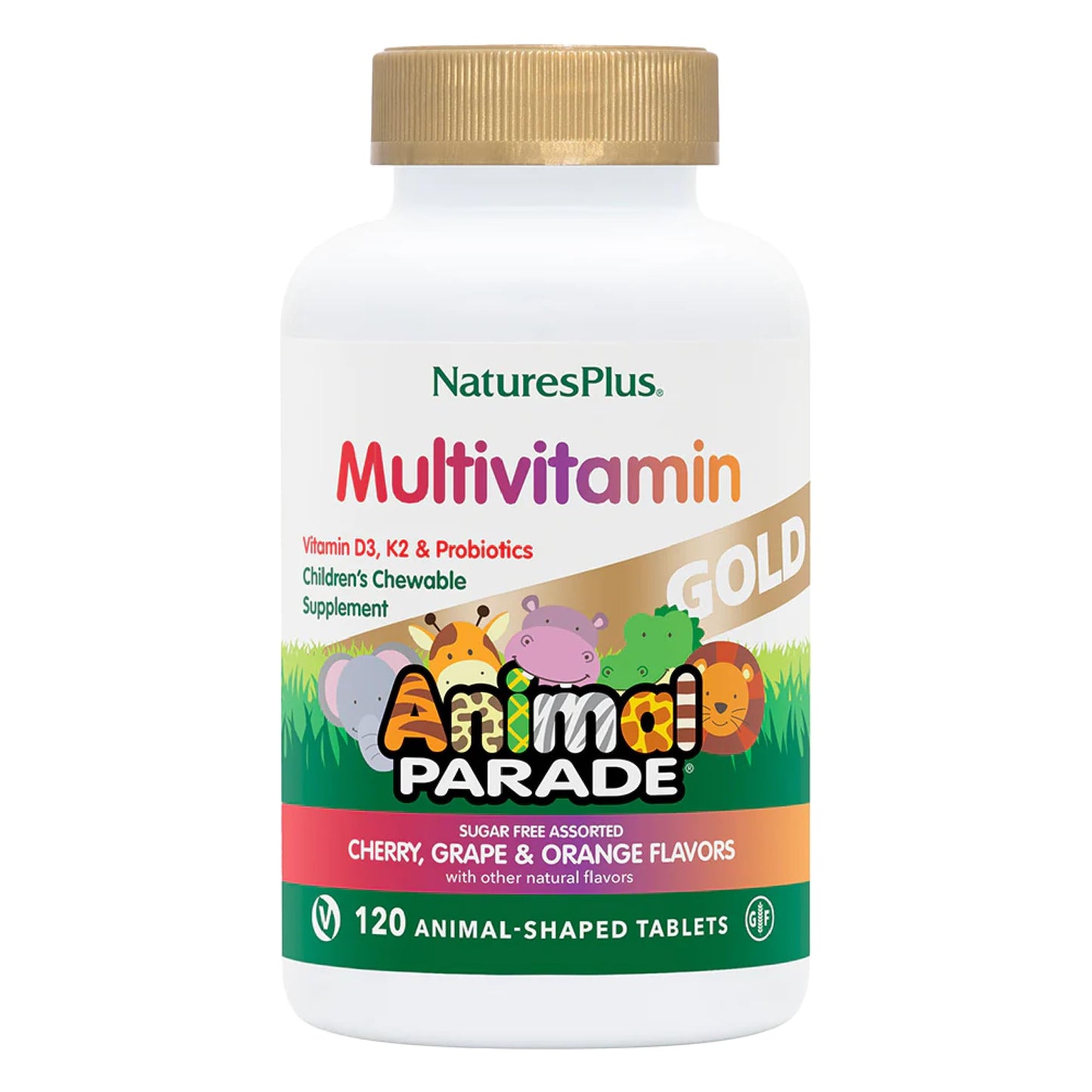 Envase de Natures Plus Animal Parade Gold multivitamina infantil.