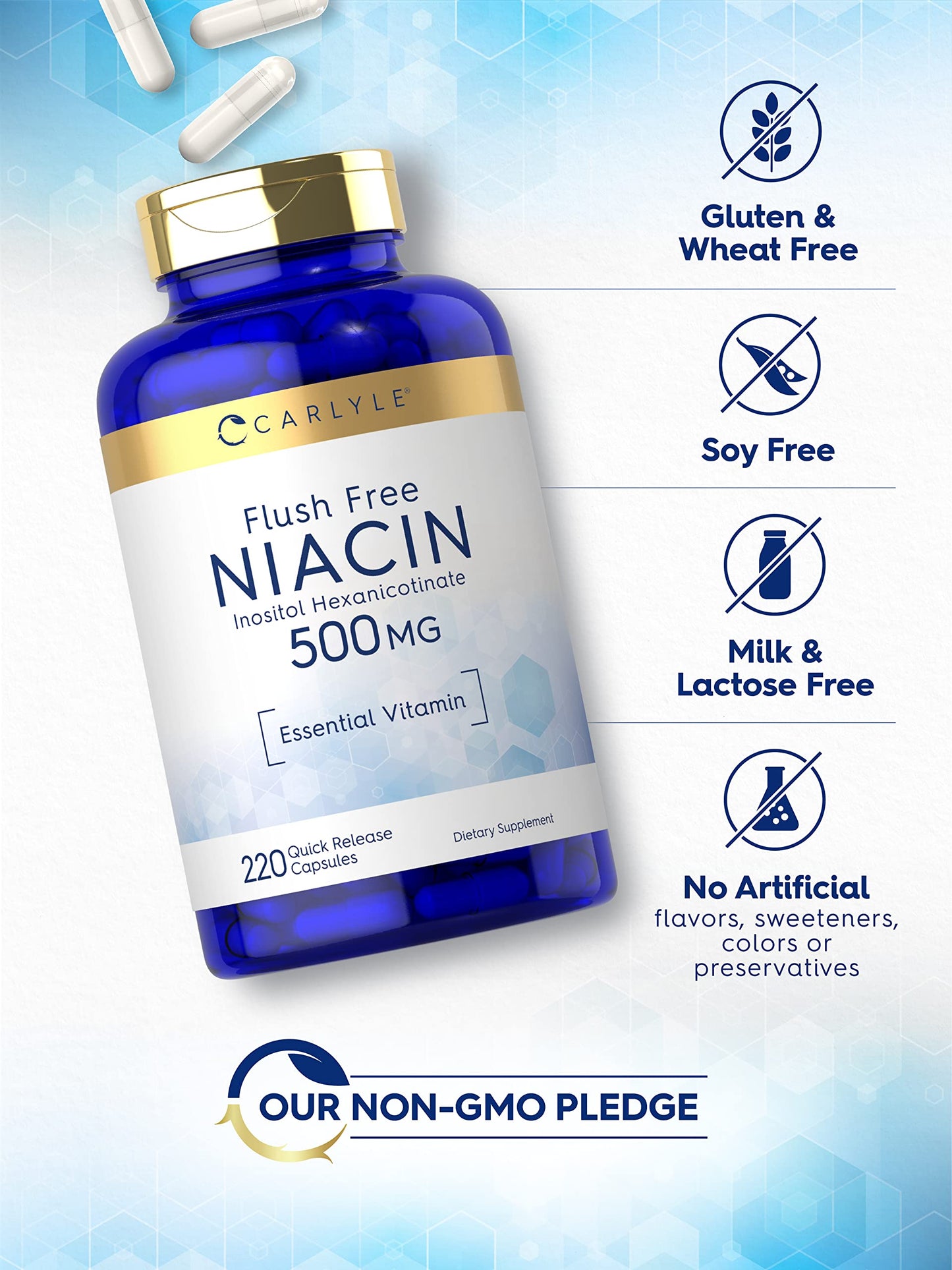 Envase de niacina sin rubor 500mg Carlyle para bienestar