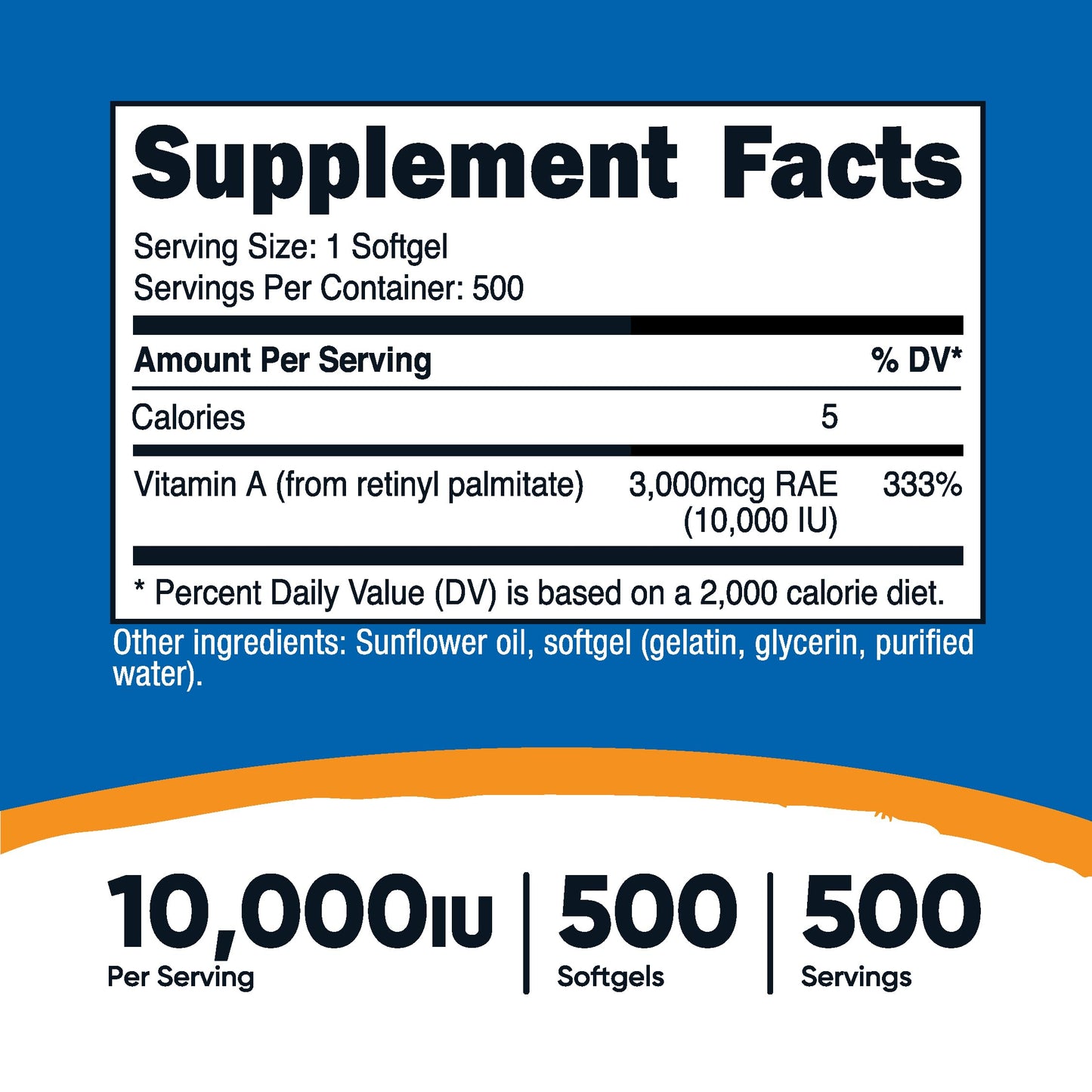 Envase Nutricost vitamina A 10,000 UI 500 cápsulas blandas