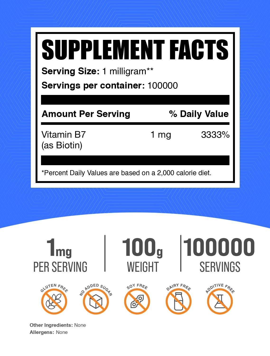 Envase grande de polvo de biotina BulkSupplements 100g
