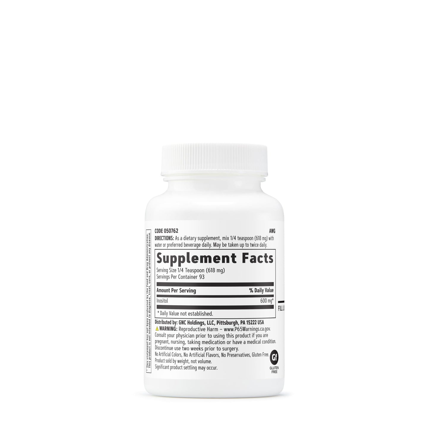 Envase polvo GNC inositol 600 mg vista lateral