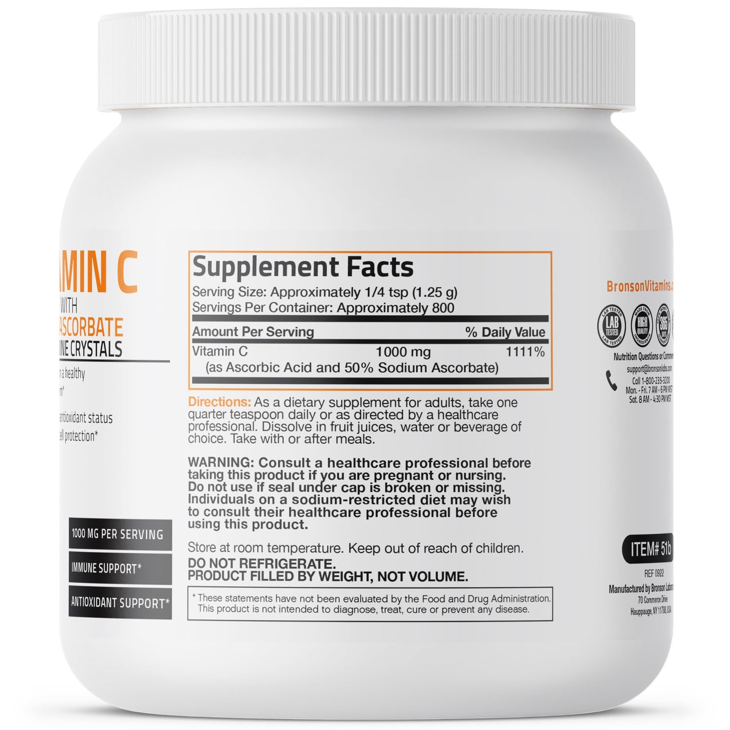 Cierre de envase polvo vitamina C Bronson calidad farmacéutica