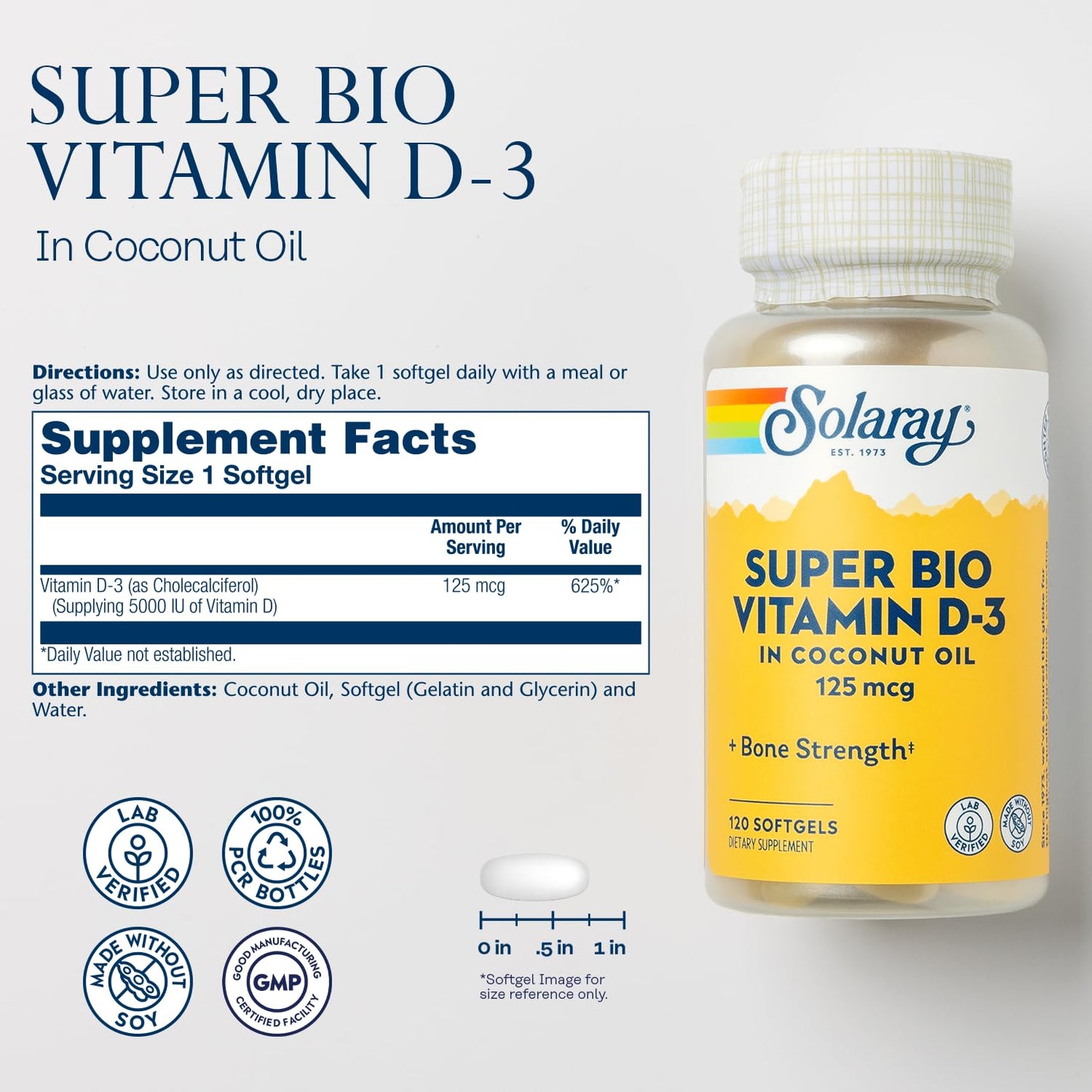 Envase Solaray vitamina d3 cápsulas blandas 120 unidades