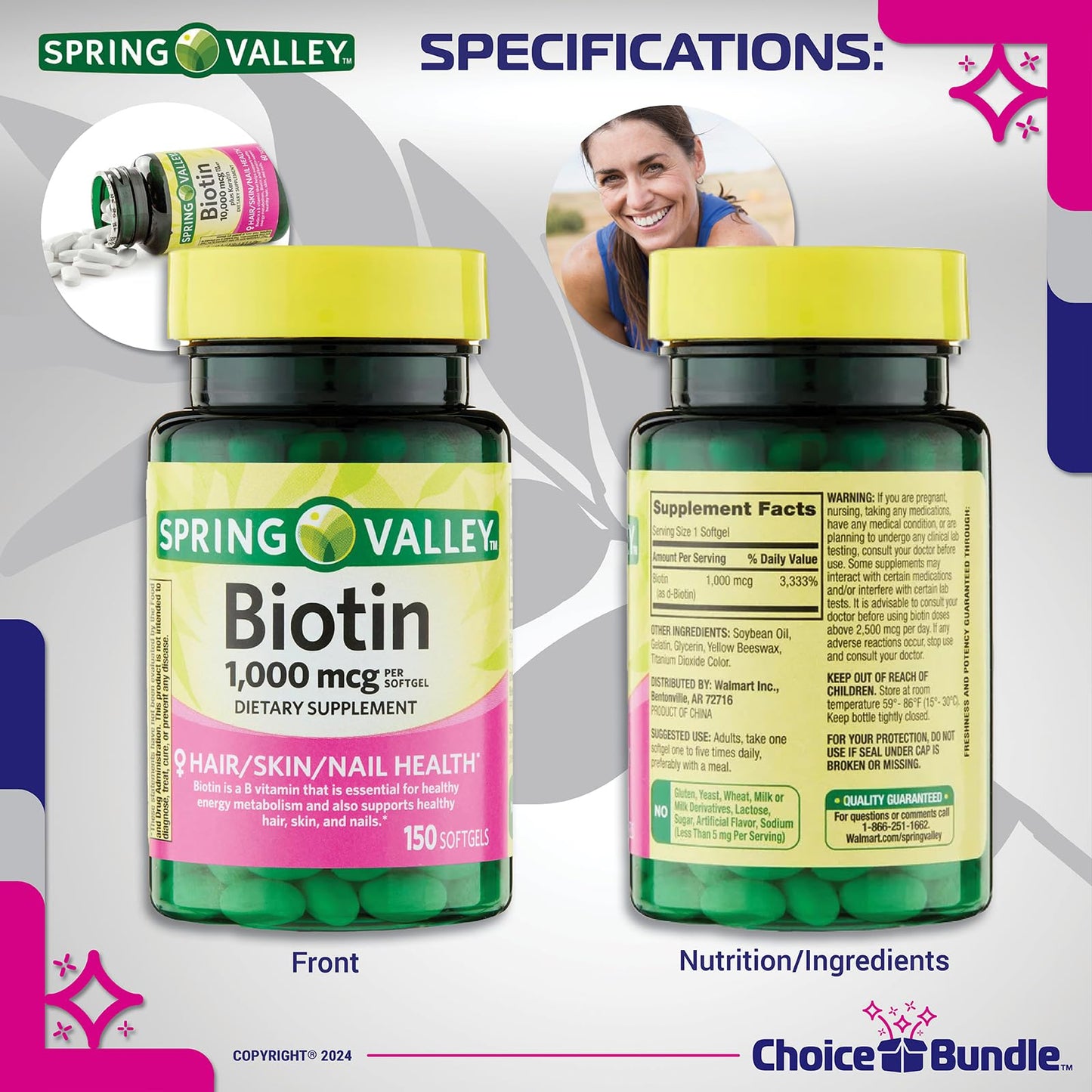 envase spring valley choice bundle biotina 300 softgels pack