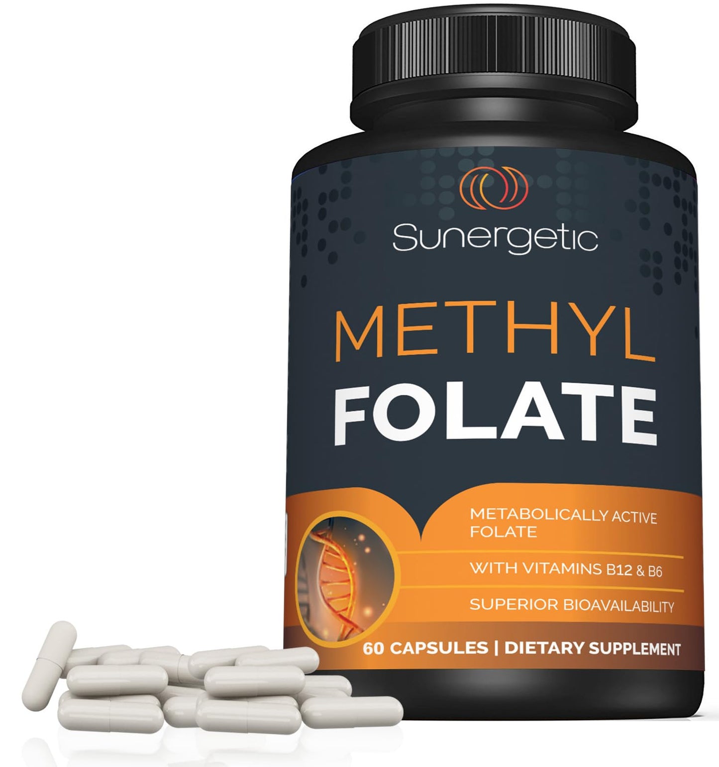 Envase Sunergetic suplemento metil folato 60 cápsulas