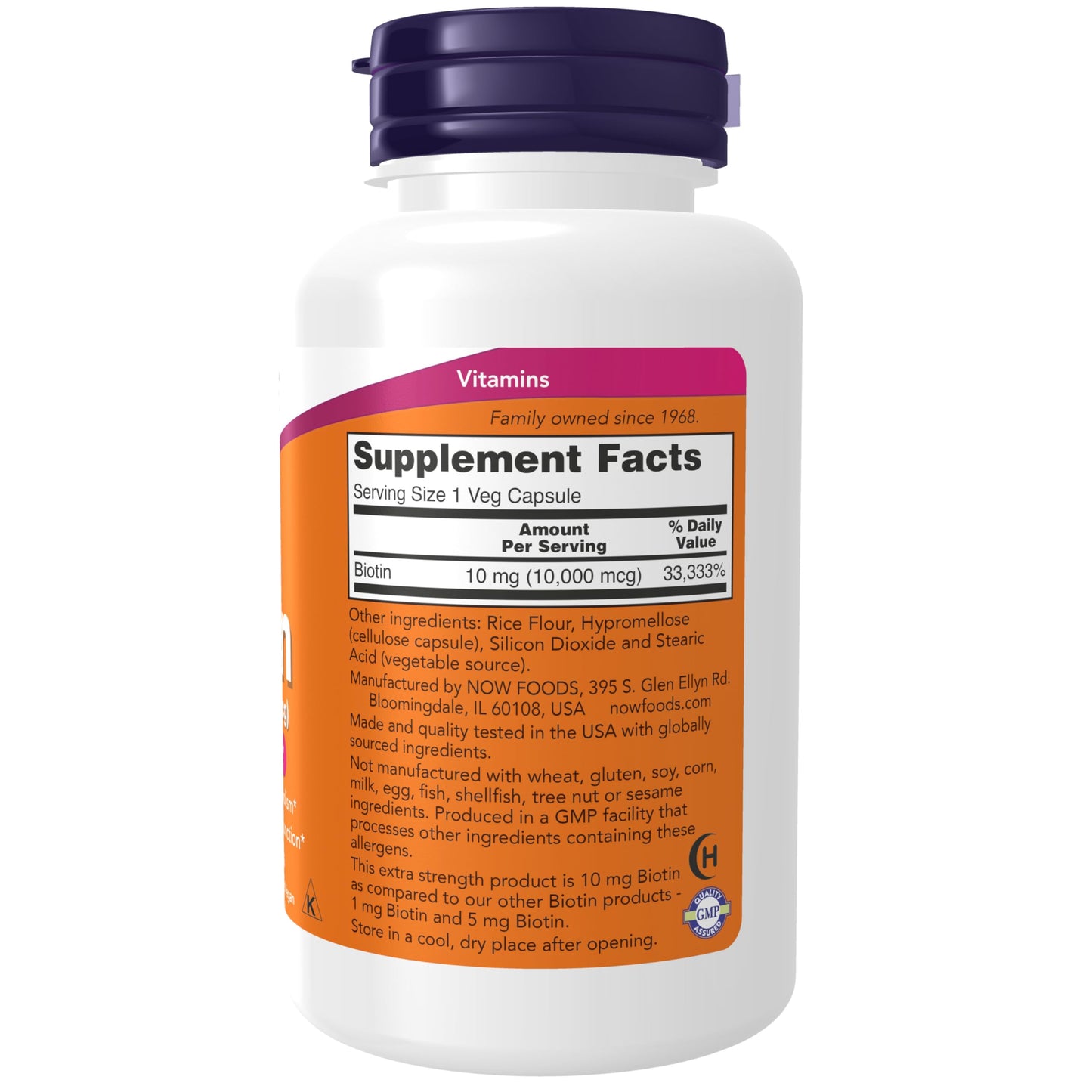 Envase suplementario Biotina NOW Foods 120 cápsulas