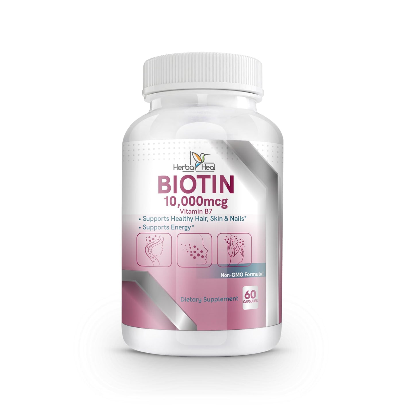 Envase suplemento biotina HERBA HEAL para cabello piel y uñas