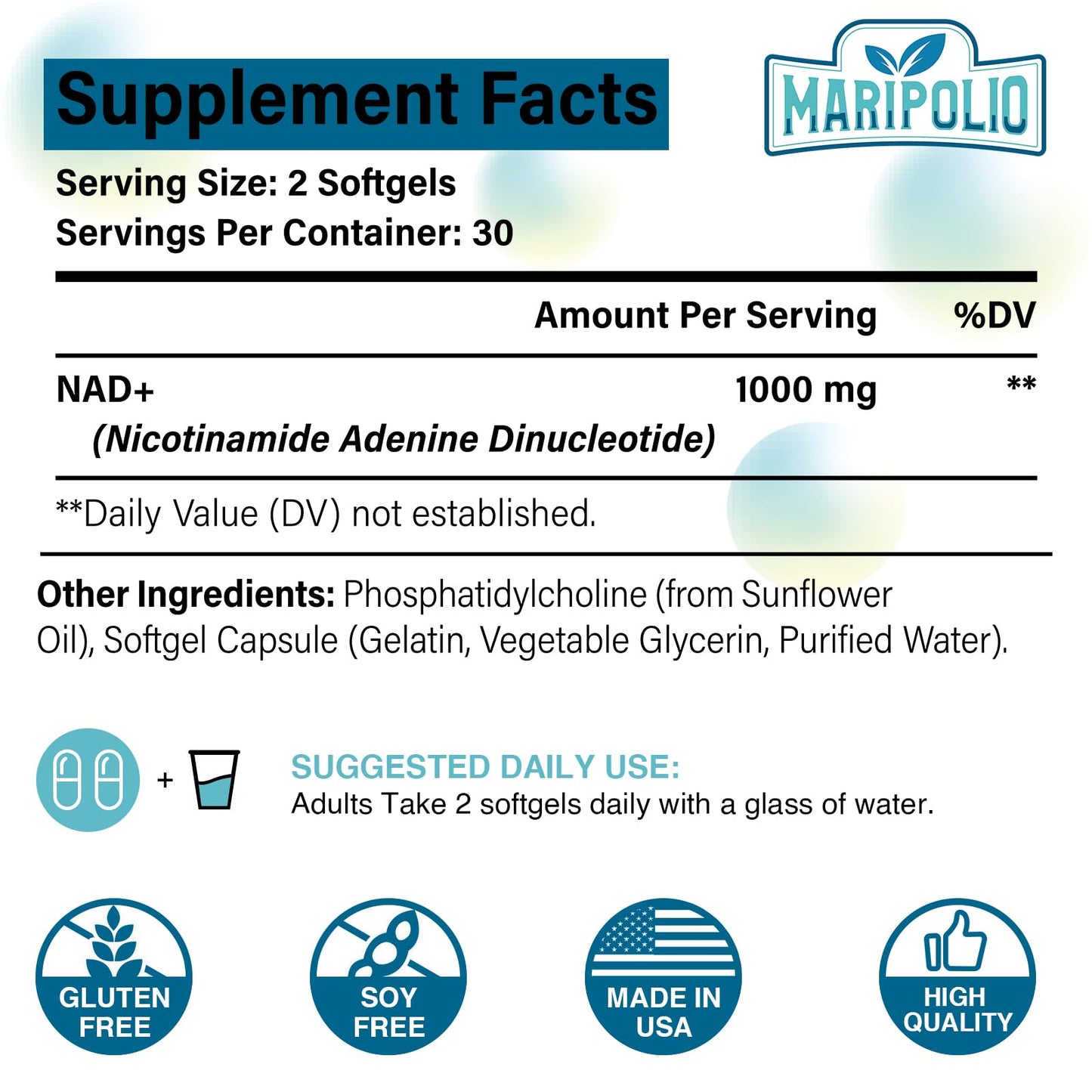 Envase suplemento NAD+ liposomal Maripolio con cápsulas blandas