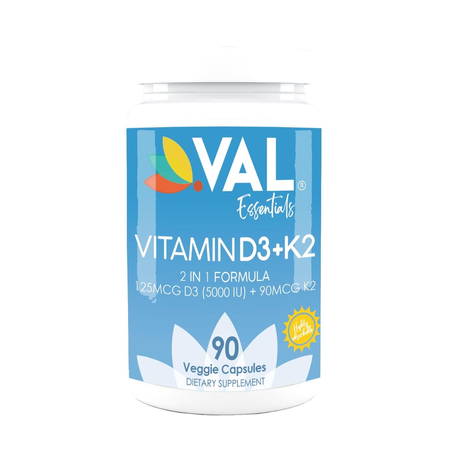 Envase suplemento vitamina k2 y d3 val essentials 90 cápsulas