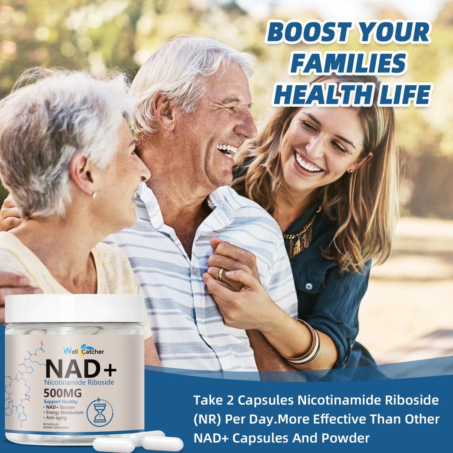 Envase suplemento Wellcatcher NAD resveratrol 90 cápsulas