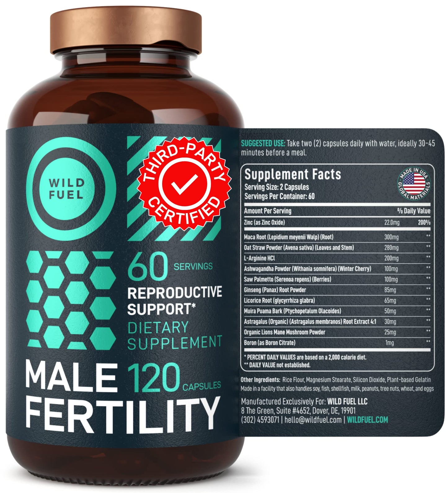 Envase de suplementos de fertilidad para hombres WILD FUEL
