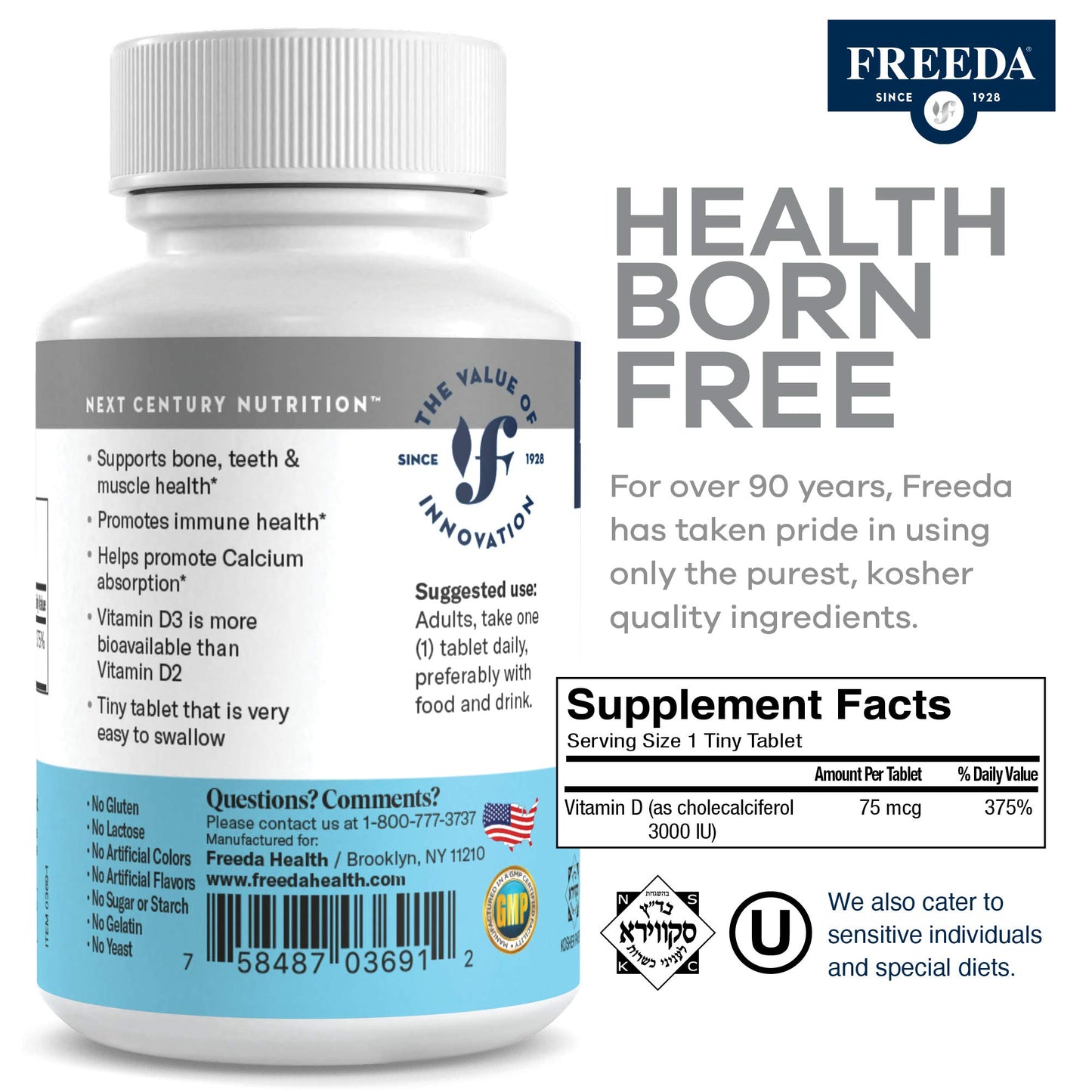 Envase trasero FREEDA vitamina D3 3000 UI tabletas
