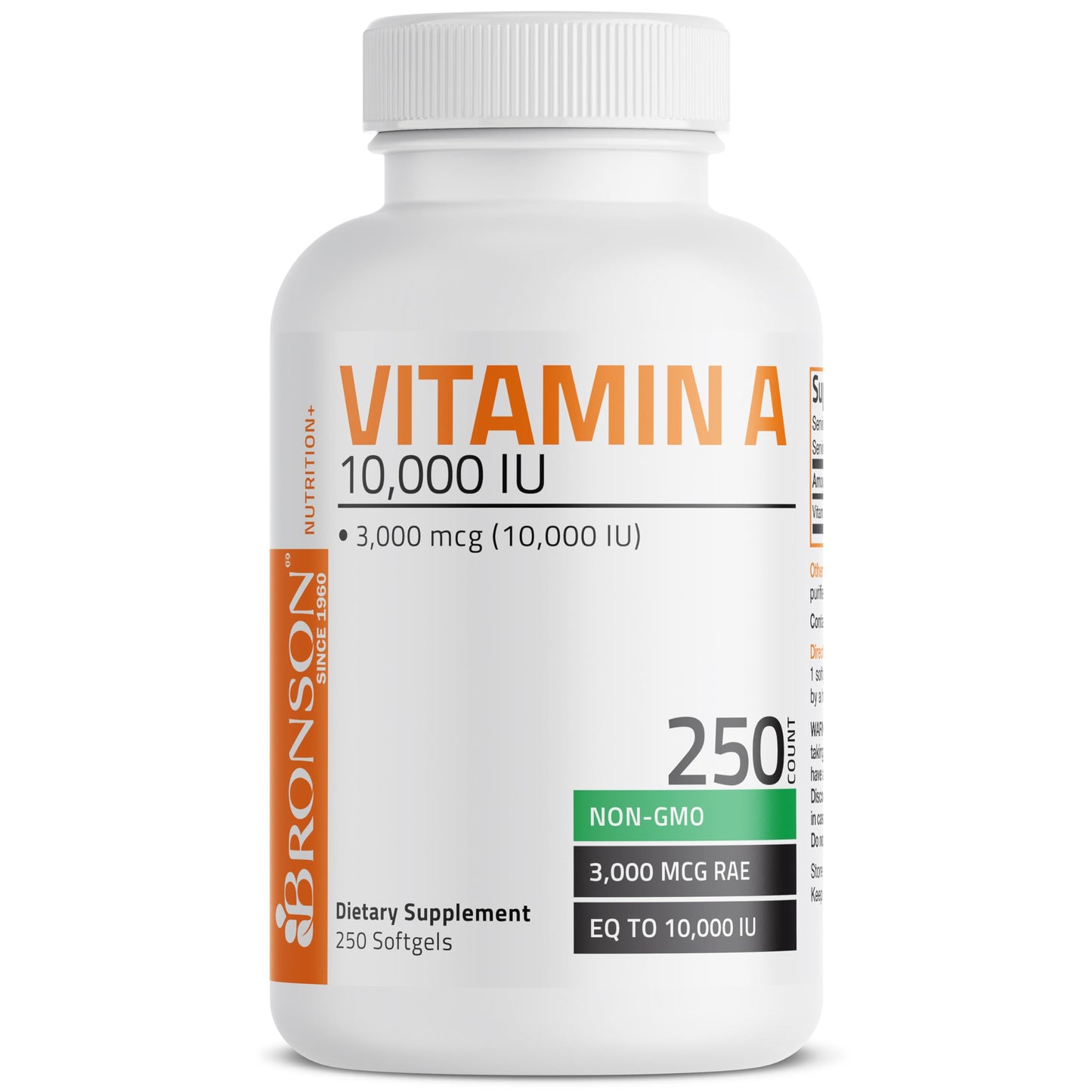 Frente envase Vitamina A 10,000 IU Bronson apoyo visión inmunidad