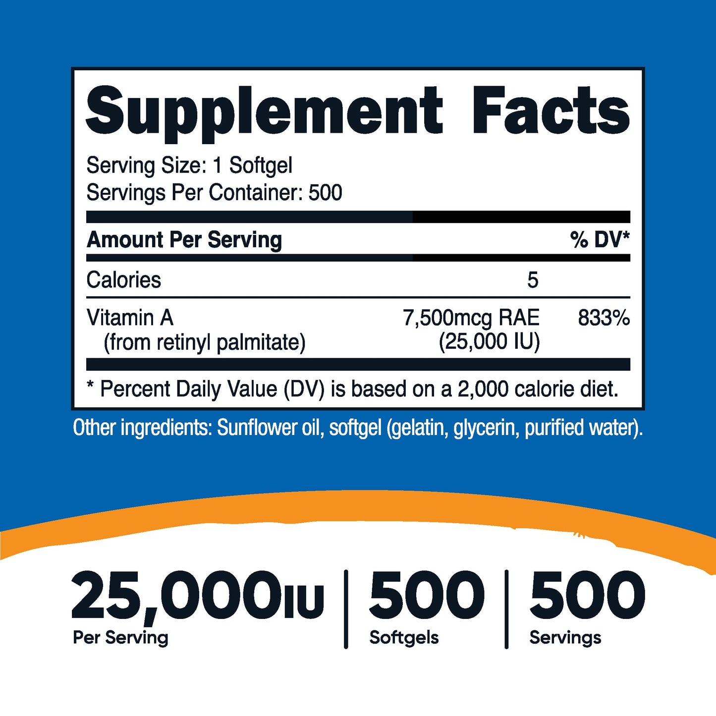 Envase frontal Vitamina A Nutricost 25000 UI