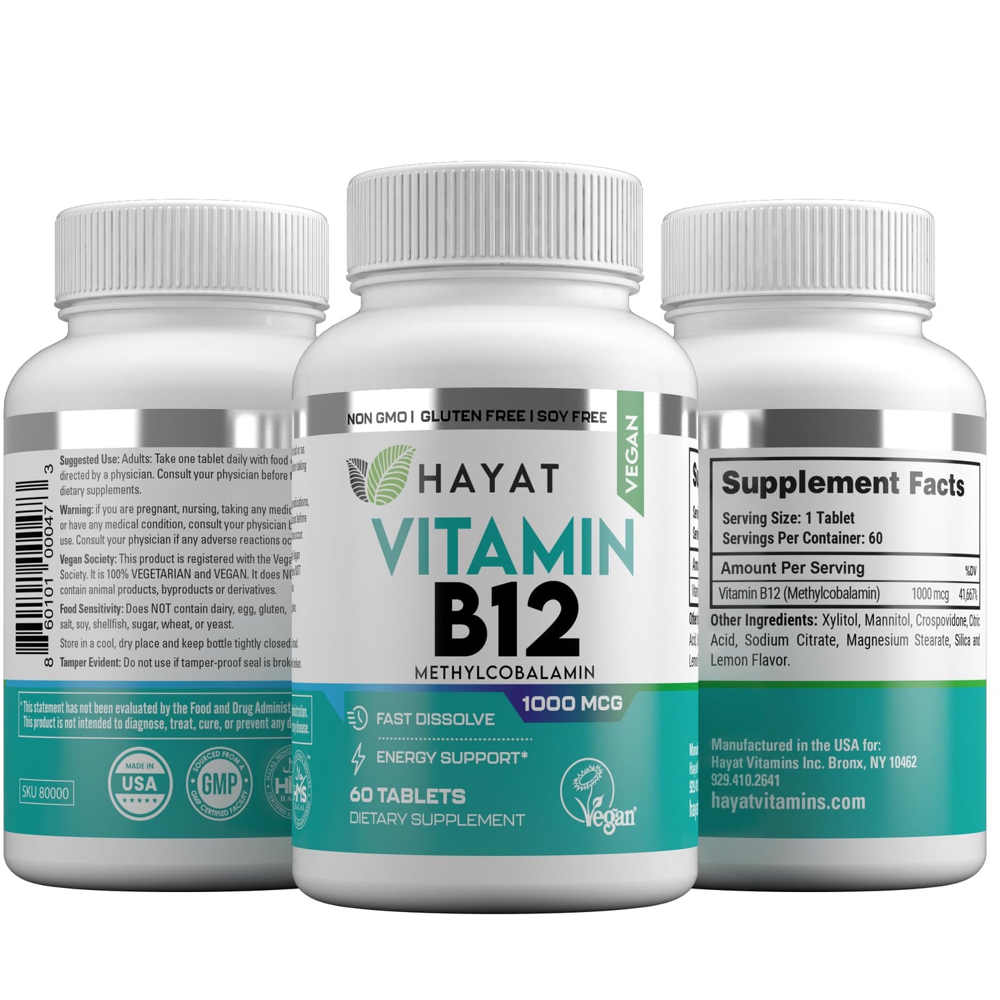 Envase vitamina B12 HAYAT vegana sin gluten y sin OGM
