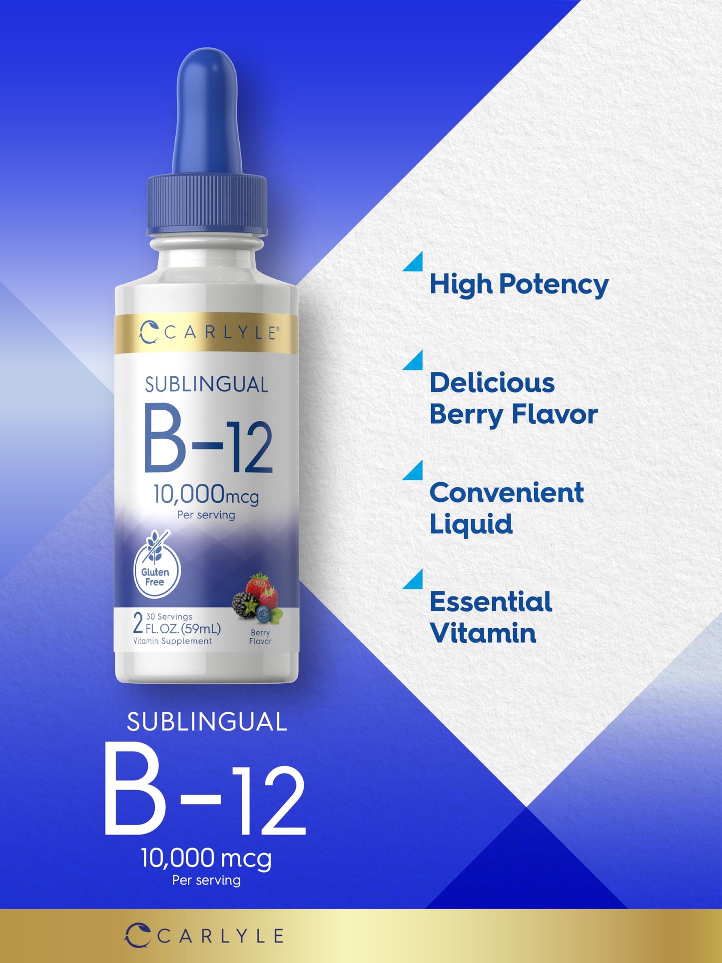 Envase vitamina B12 líquida sin gluten Carlyle 10000mcg 2 fl oz
