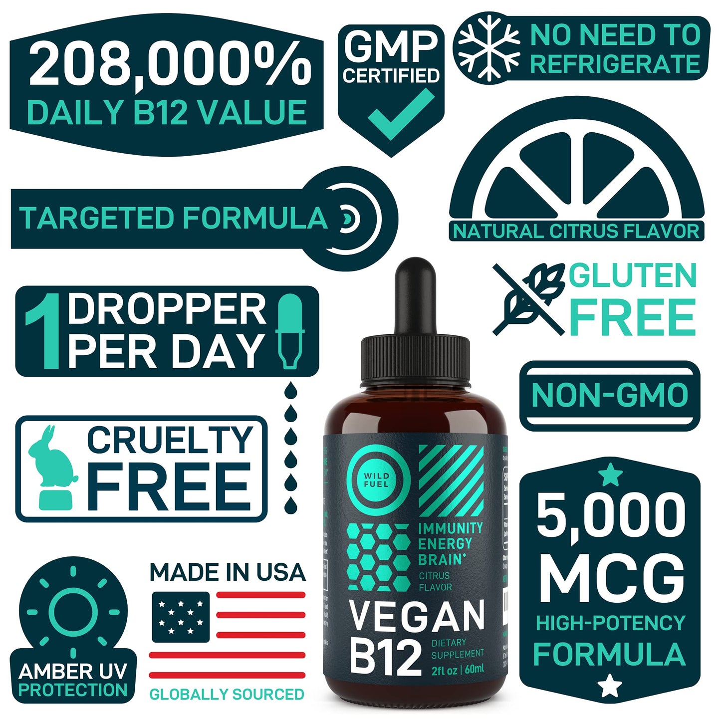 Envase vitamina B12 líquida vegana WILD FUEL naranja natural