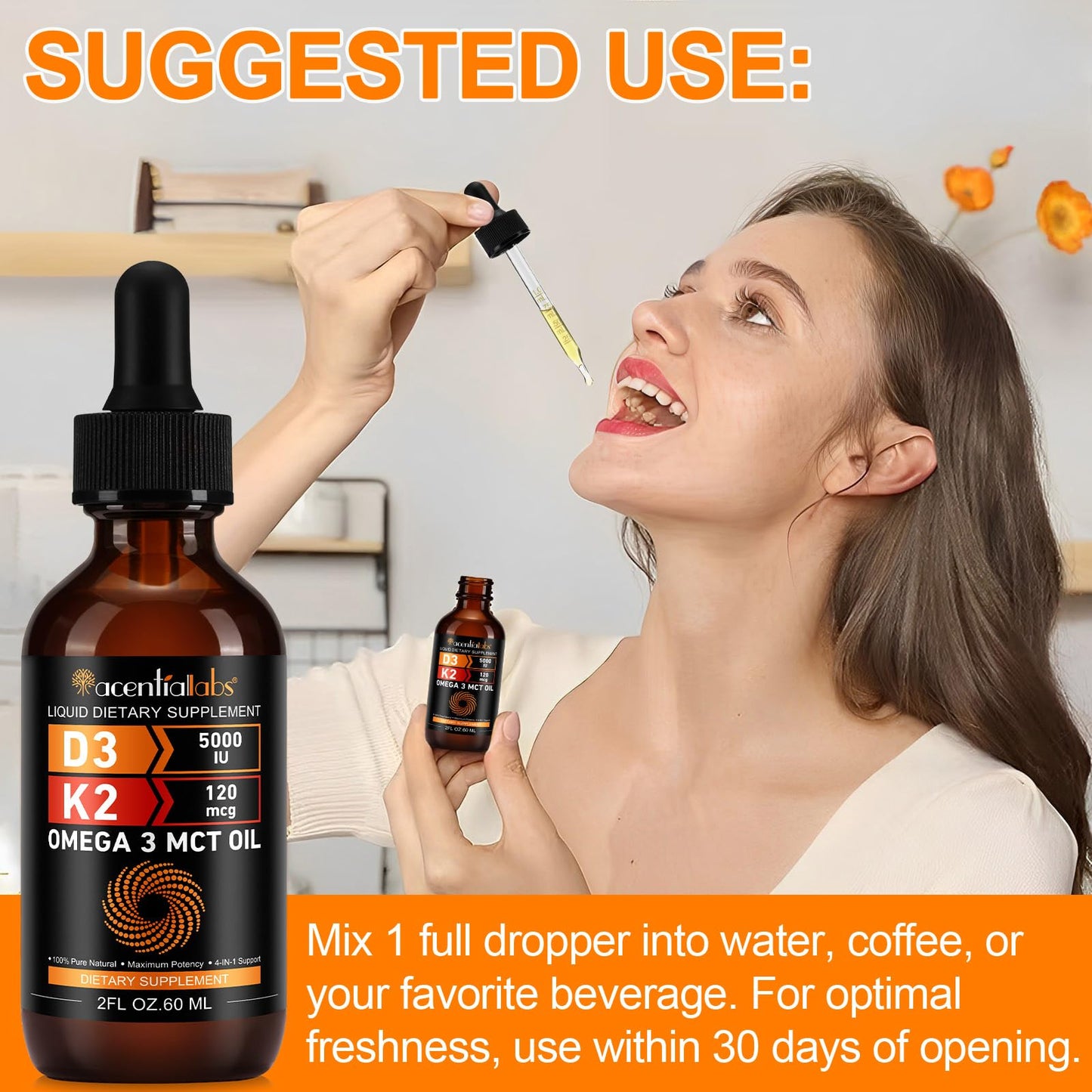 Envase de vitamina d3 k2 líquida newseel con ingredientes orgánicos