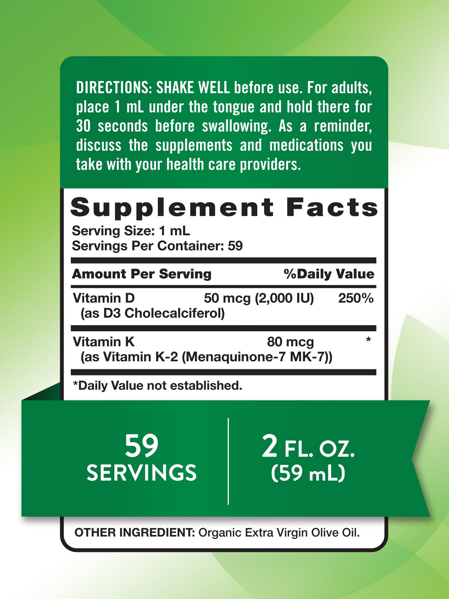 Envase de vitamina D3 K2 líquida Nature's Truth sin gluten