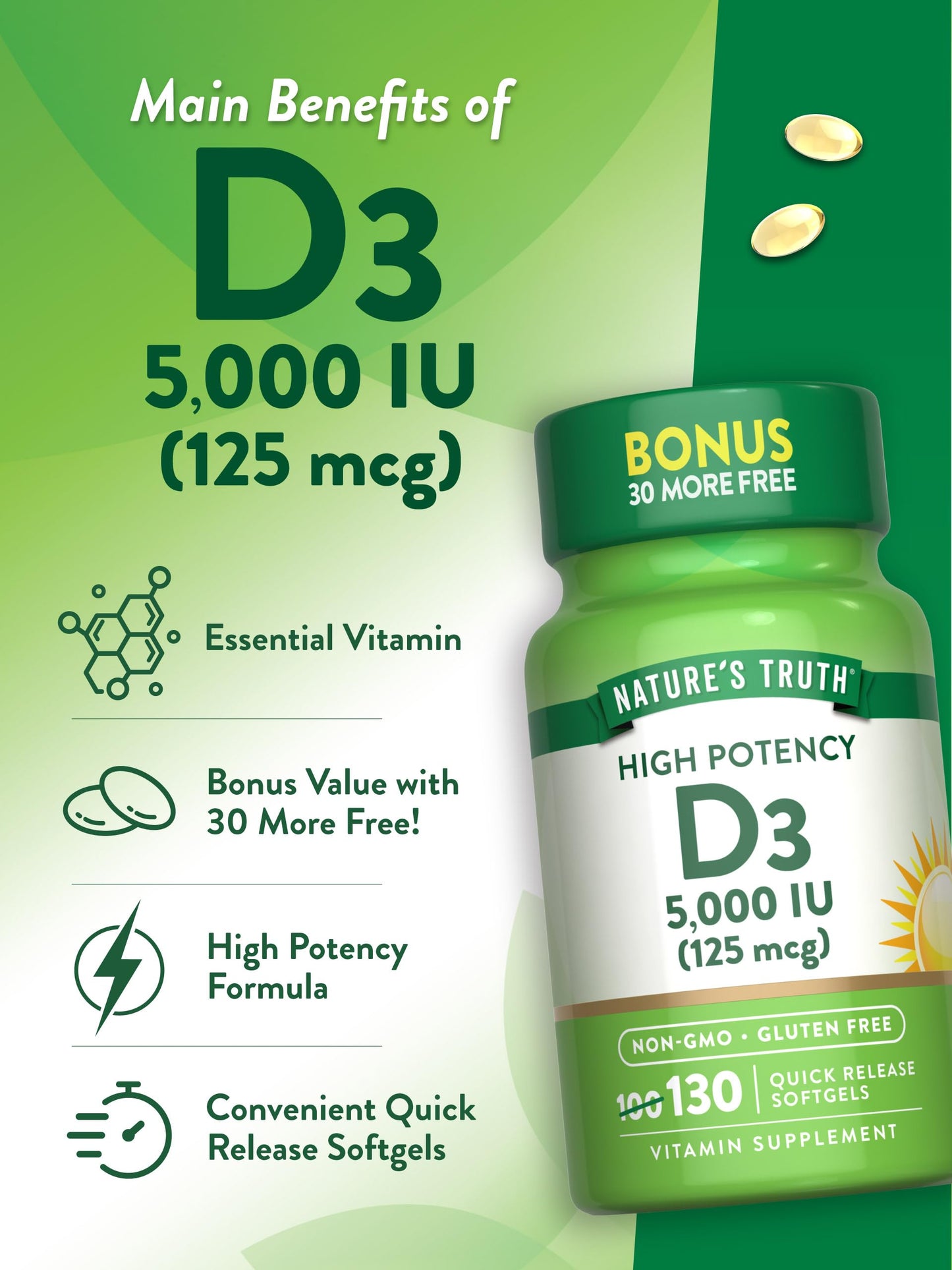 Envase de vitamina D3 softgels sin gluten Nature's Truth