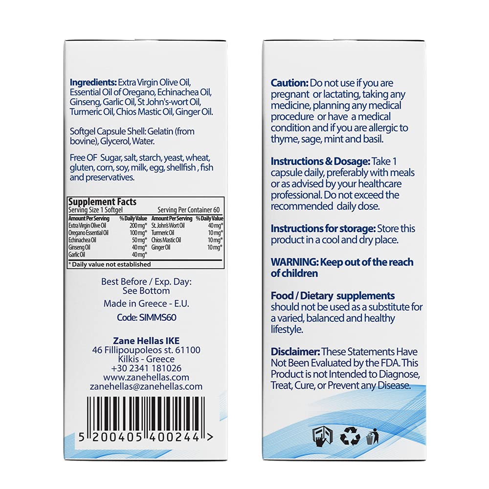 Especificaciones de ingredientes de Zane Hellas Softgels