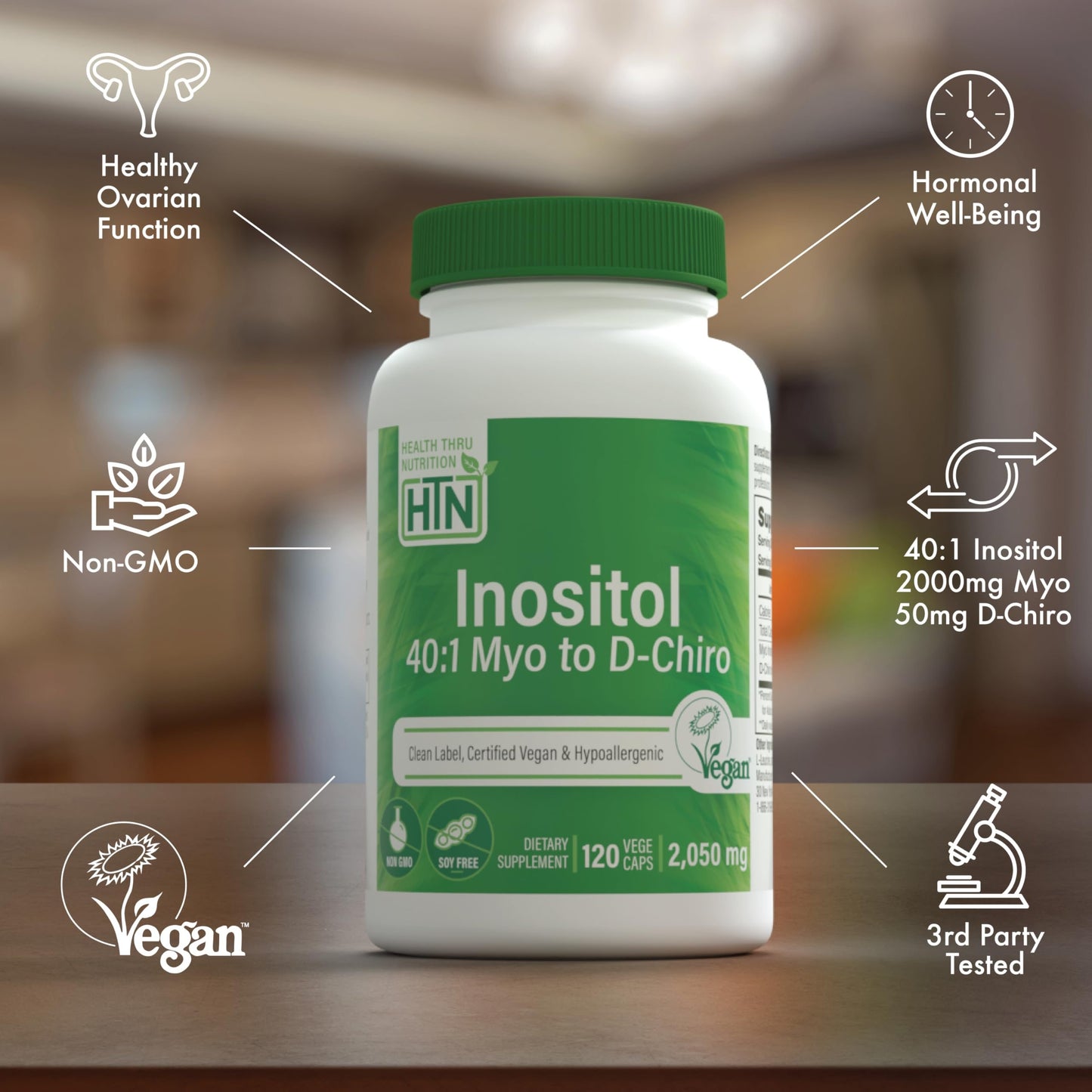 Etiqueta botella Health Thru Nutrition suplemento inositol puro