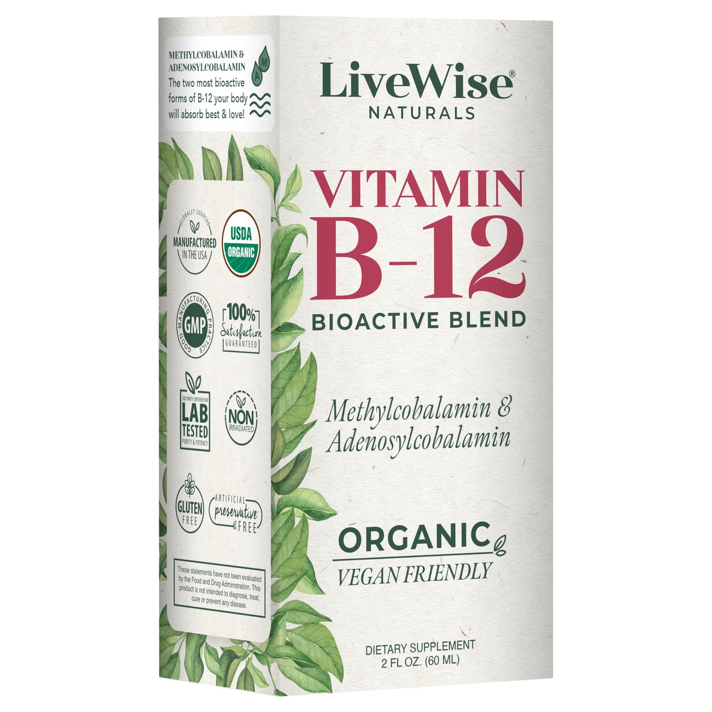 Etiqueta botella suplemento b12 líquida Live Wise Naturals