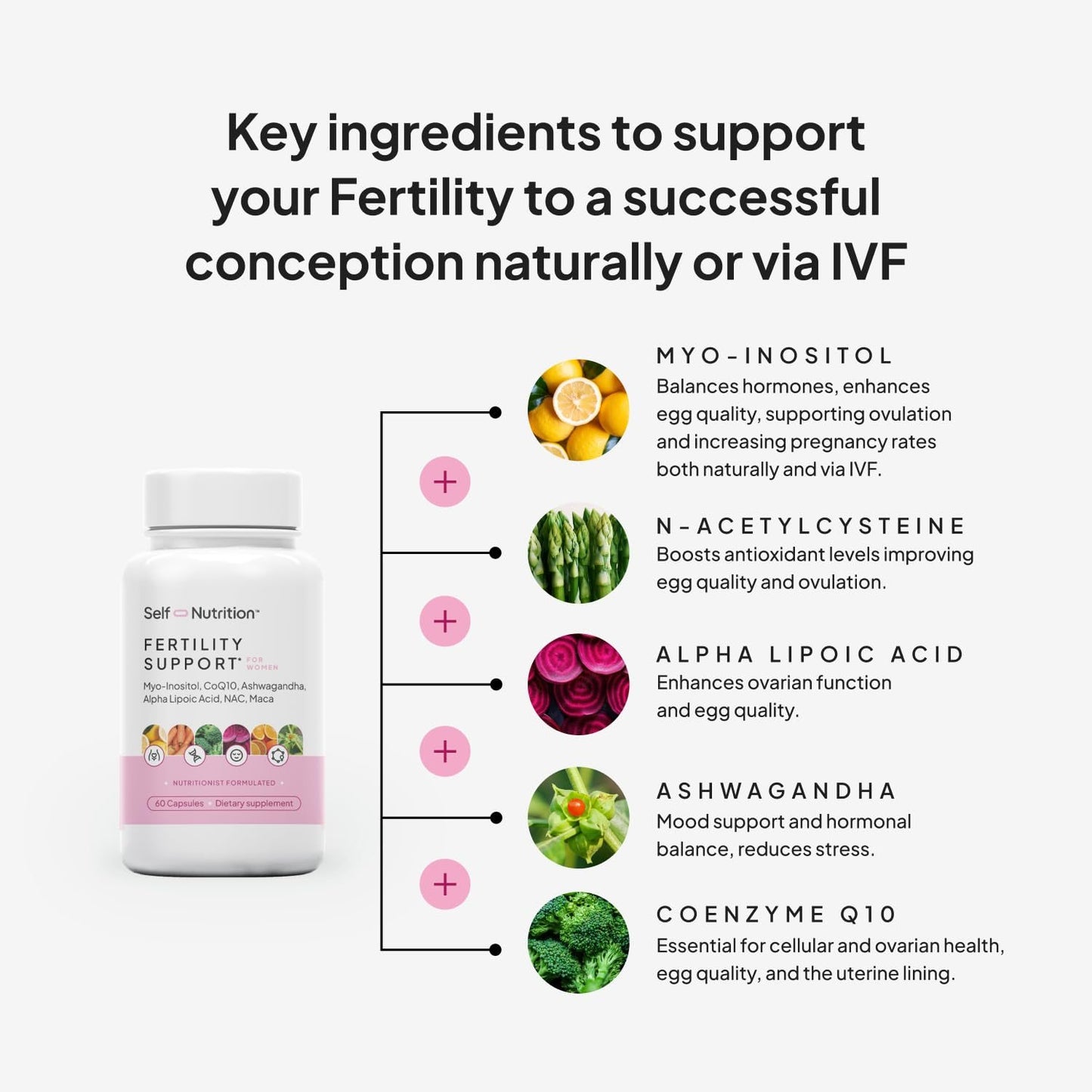 Etiqueta de cápsulas veganas para fertilidad SELF NUTRITION