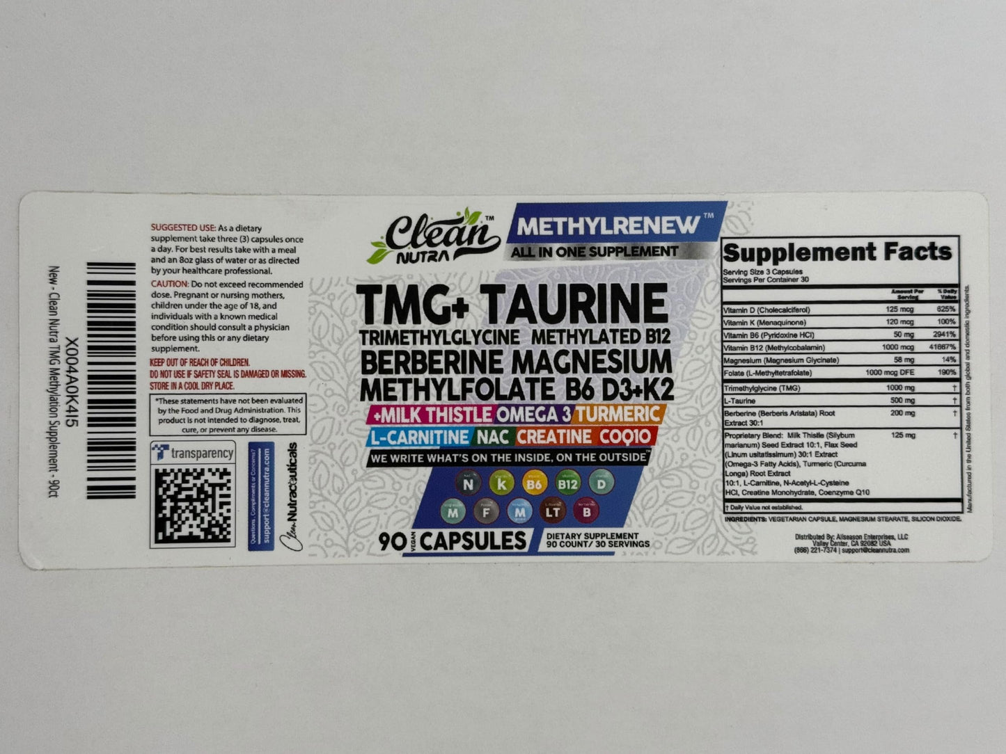 Etiqueta completa del multivitamínico metilado Clean Nutra con taurina.