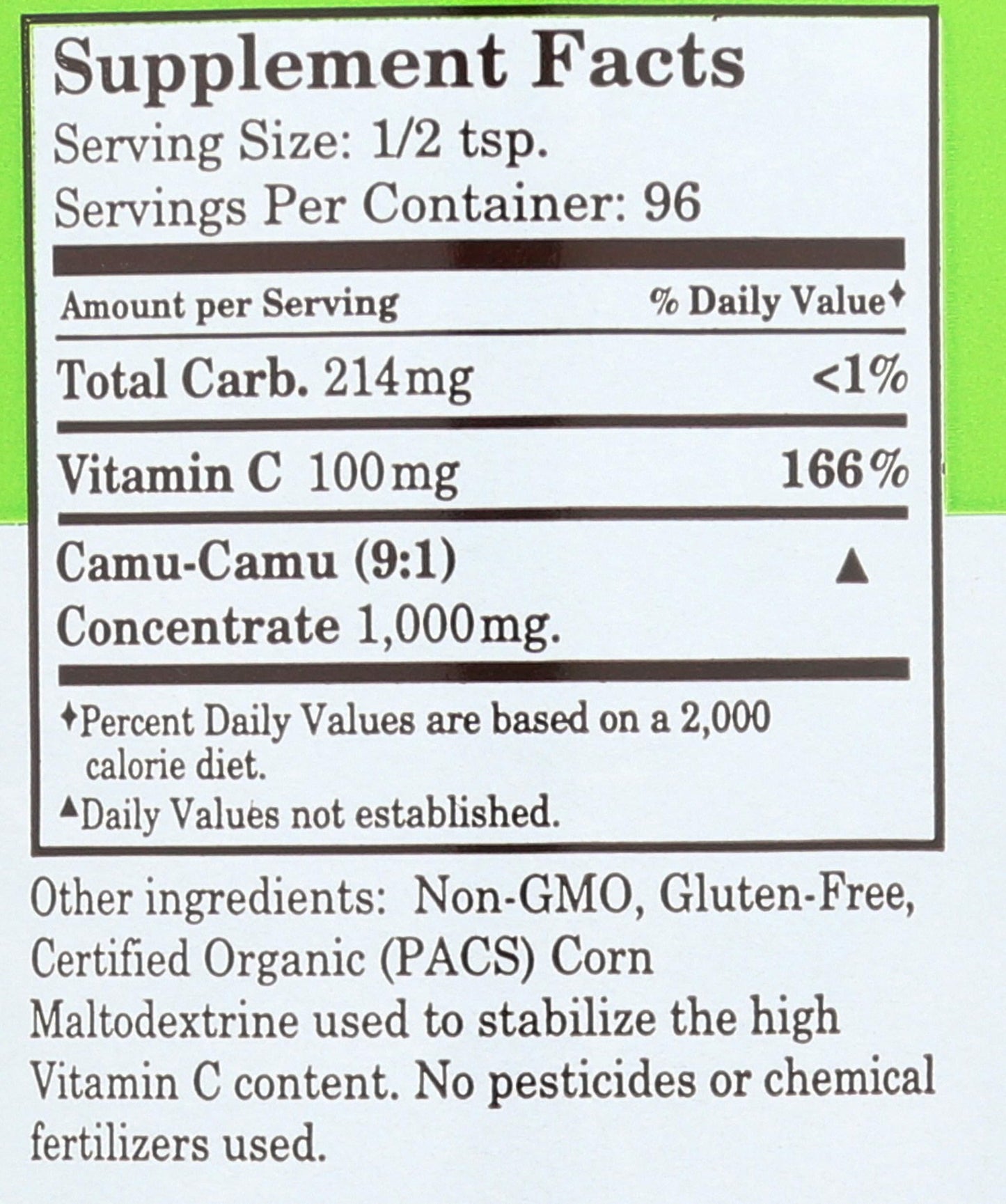 Etiqueta y descripción complemento Royal Camu polvo 3.5 oz