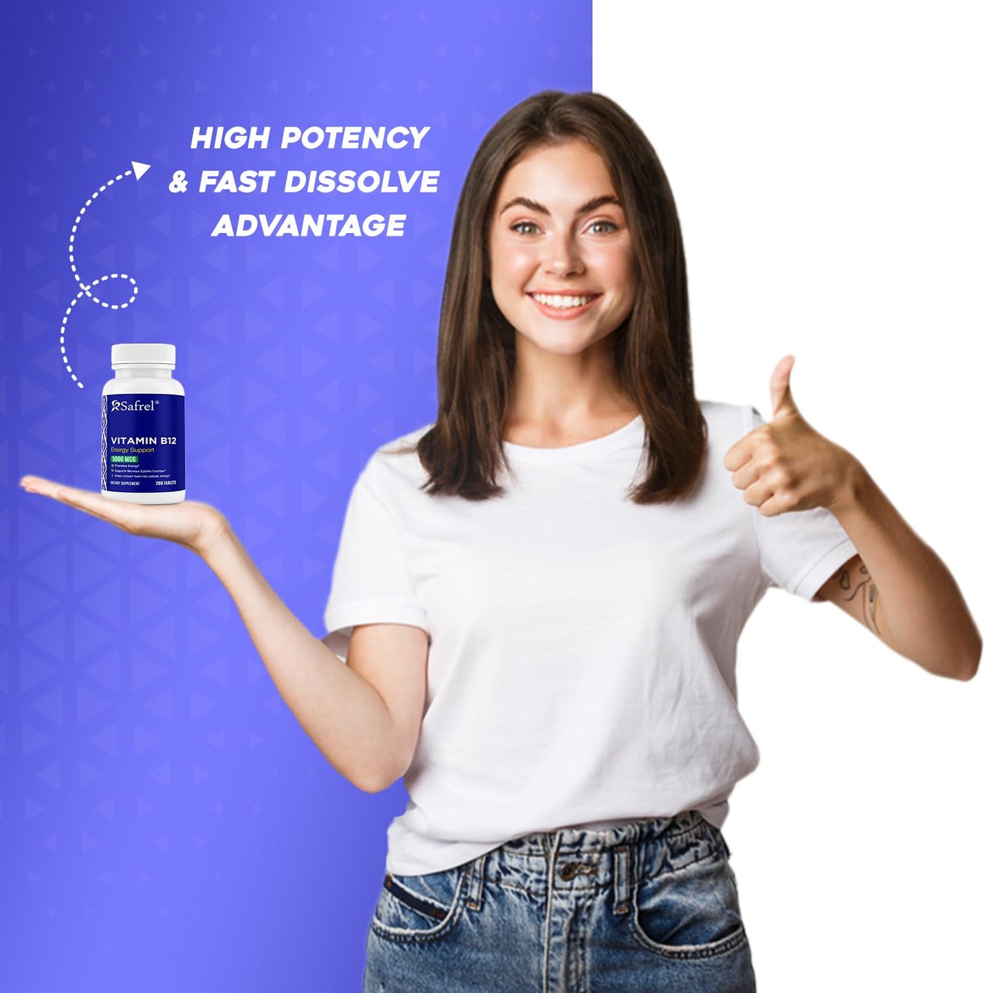 Etiqueta detalle Safrel vitamina B12 suplemento energético