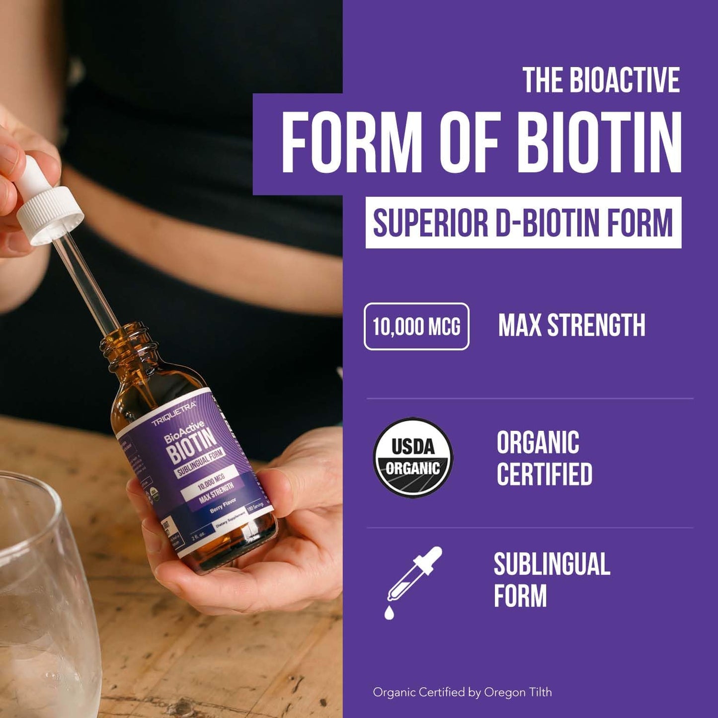 Etiqueta detallada de suplemento de biotina orgánica Triquetra Health