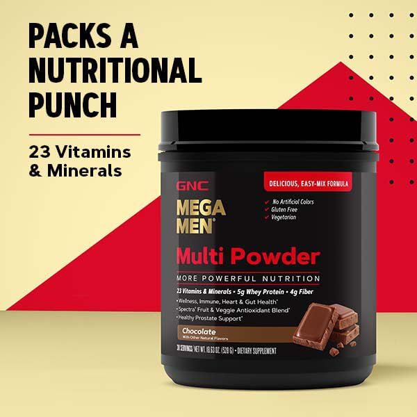 Etiqueta detalles GNC Mega Men multi polvo chocolate