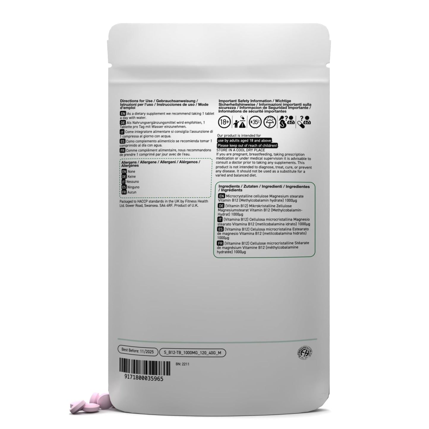 Etiqueta Fitness Health vitamina B12 1000 mcg 120 tabletas