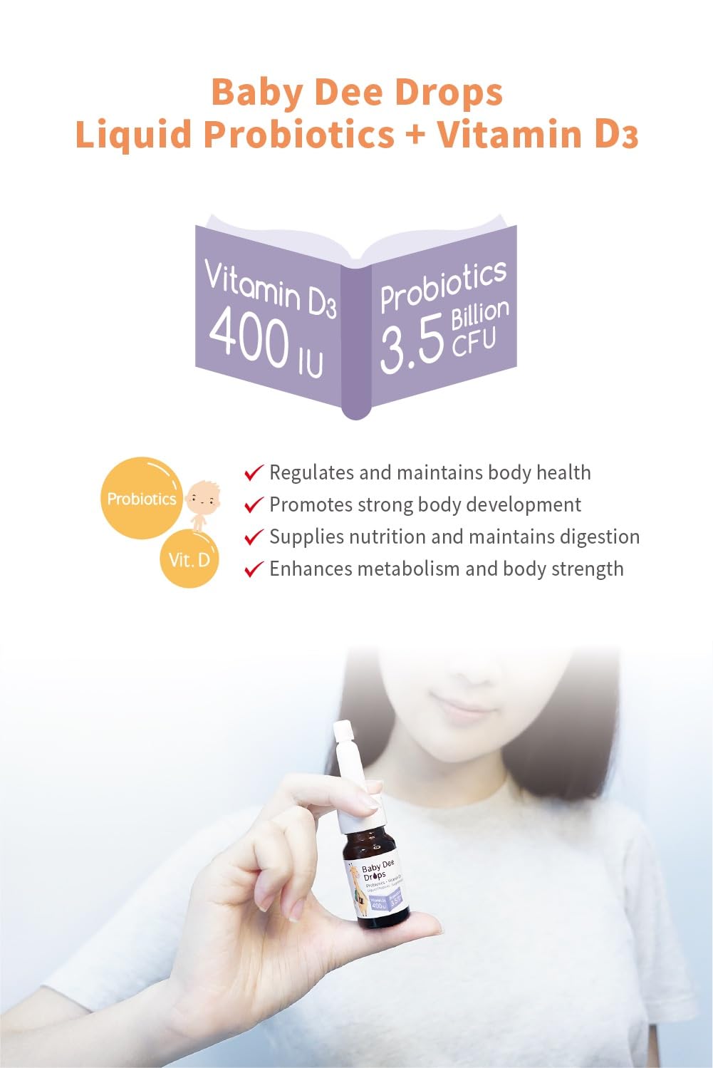 Etiqueta del frasco de gotas probióticas y vitamina D3 UNID