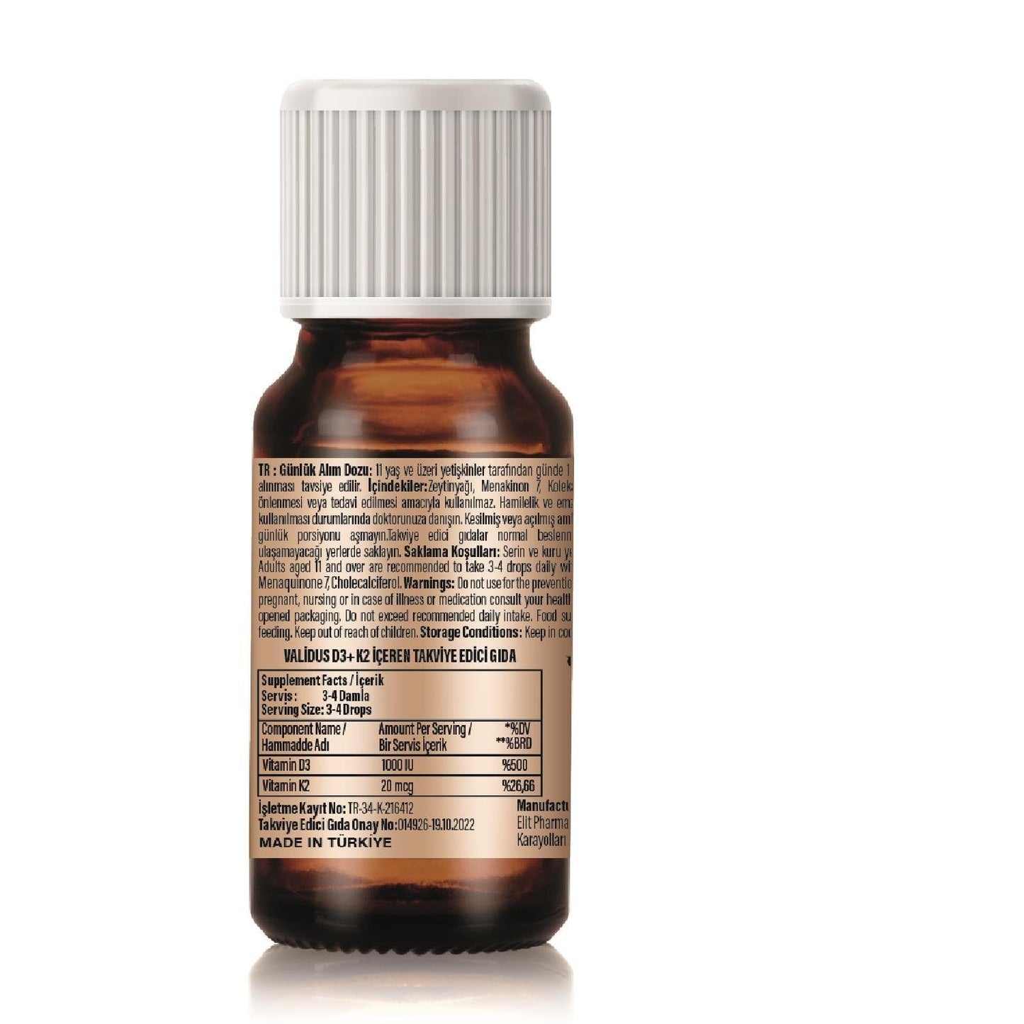 Etiqueta frasco gotas Validus vitamina D3 K2 MK7 sin gluten ni OGM