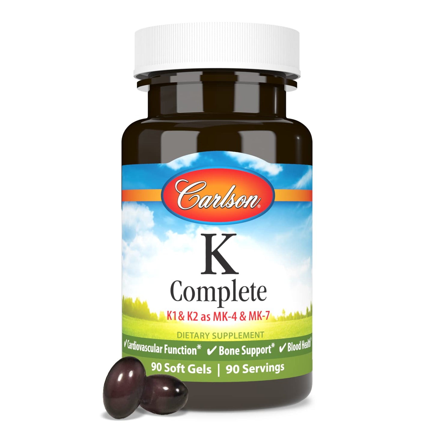Etiqueta frontal Carlson K Complete vitaminas K múltiples