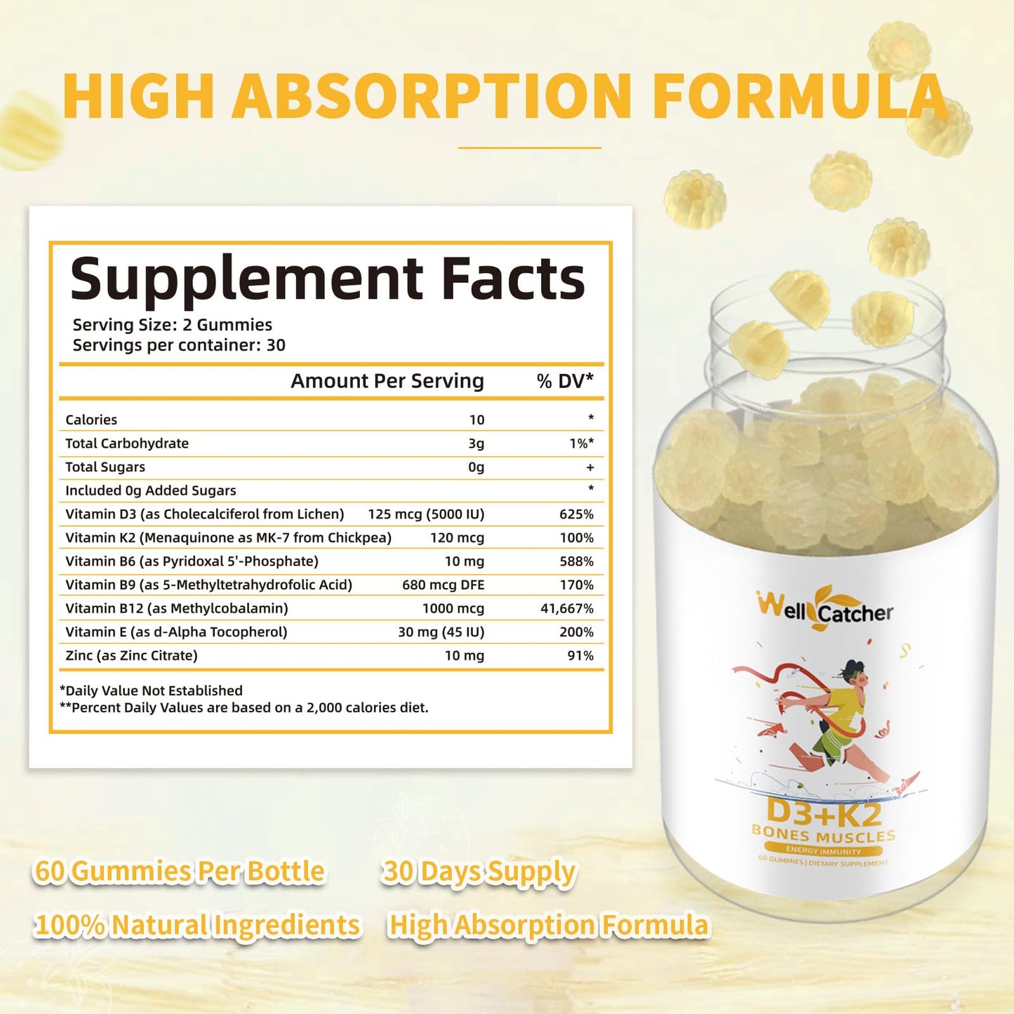 Etiqueta frontal gomitas vitamina d3 k2 Wellcatcher