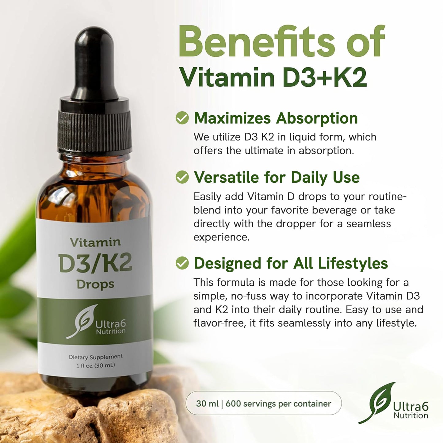 Etiqueta frontal gotas líquidas vitamina D3 K2 Ultra6 Nutrition