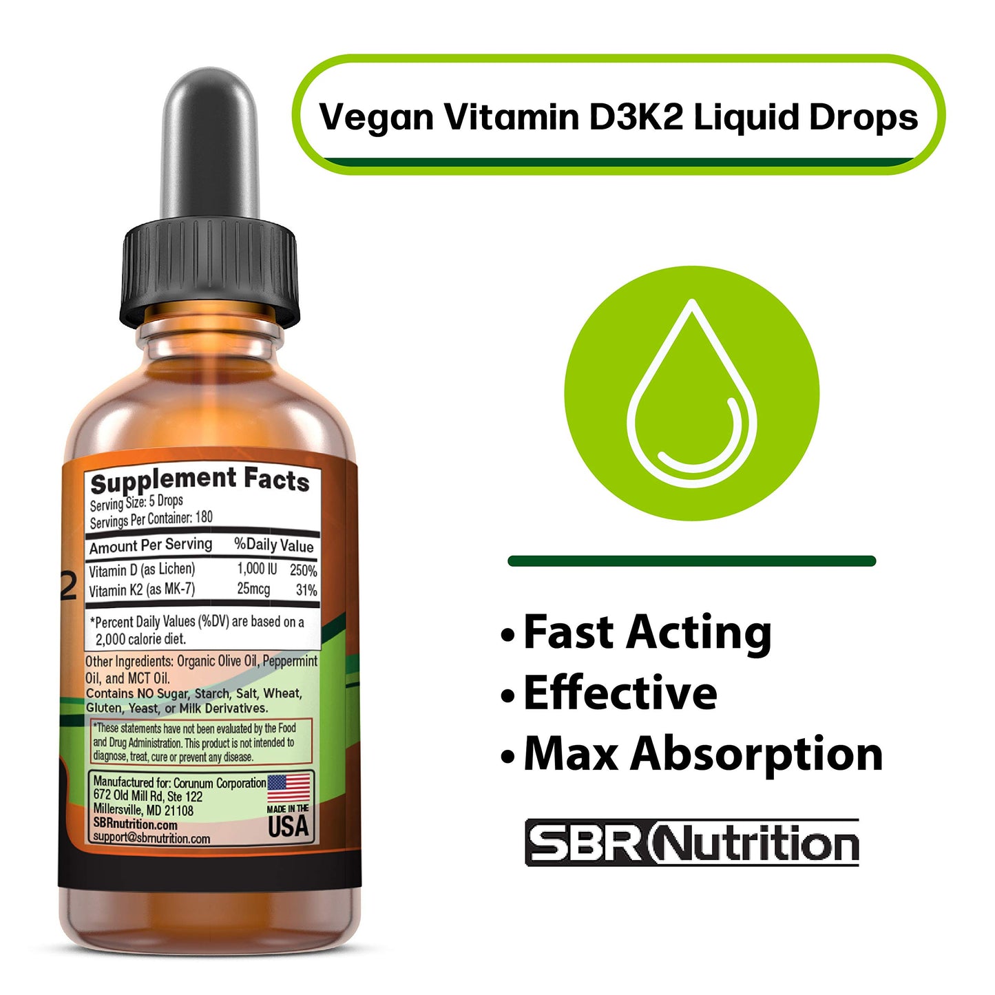 Etiqueta frontal gotas de vitamina D3 K2 vegana sabor menta